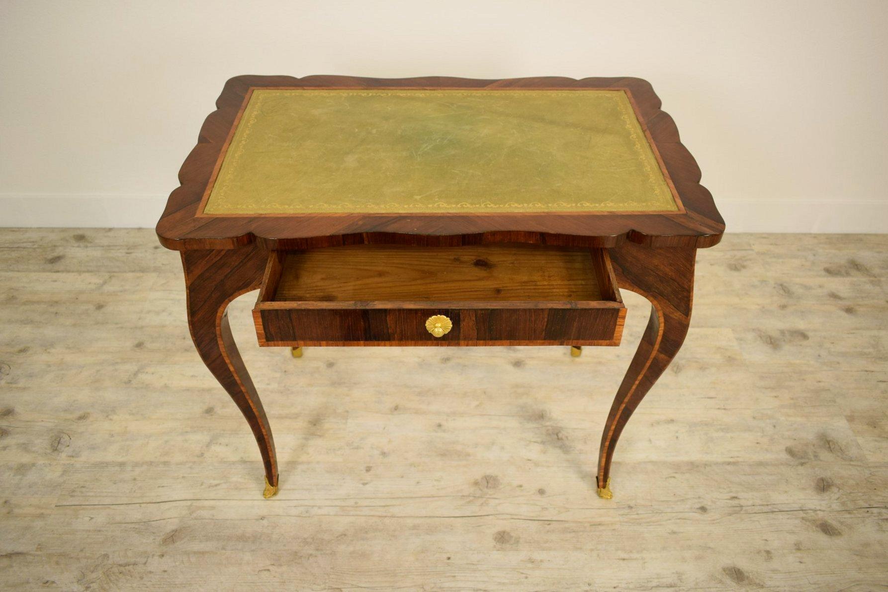 Bronze 18th Century Veneered and Inlaid Wood Italian Louis XV Writing Desk For Sale
