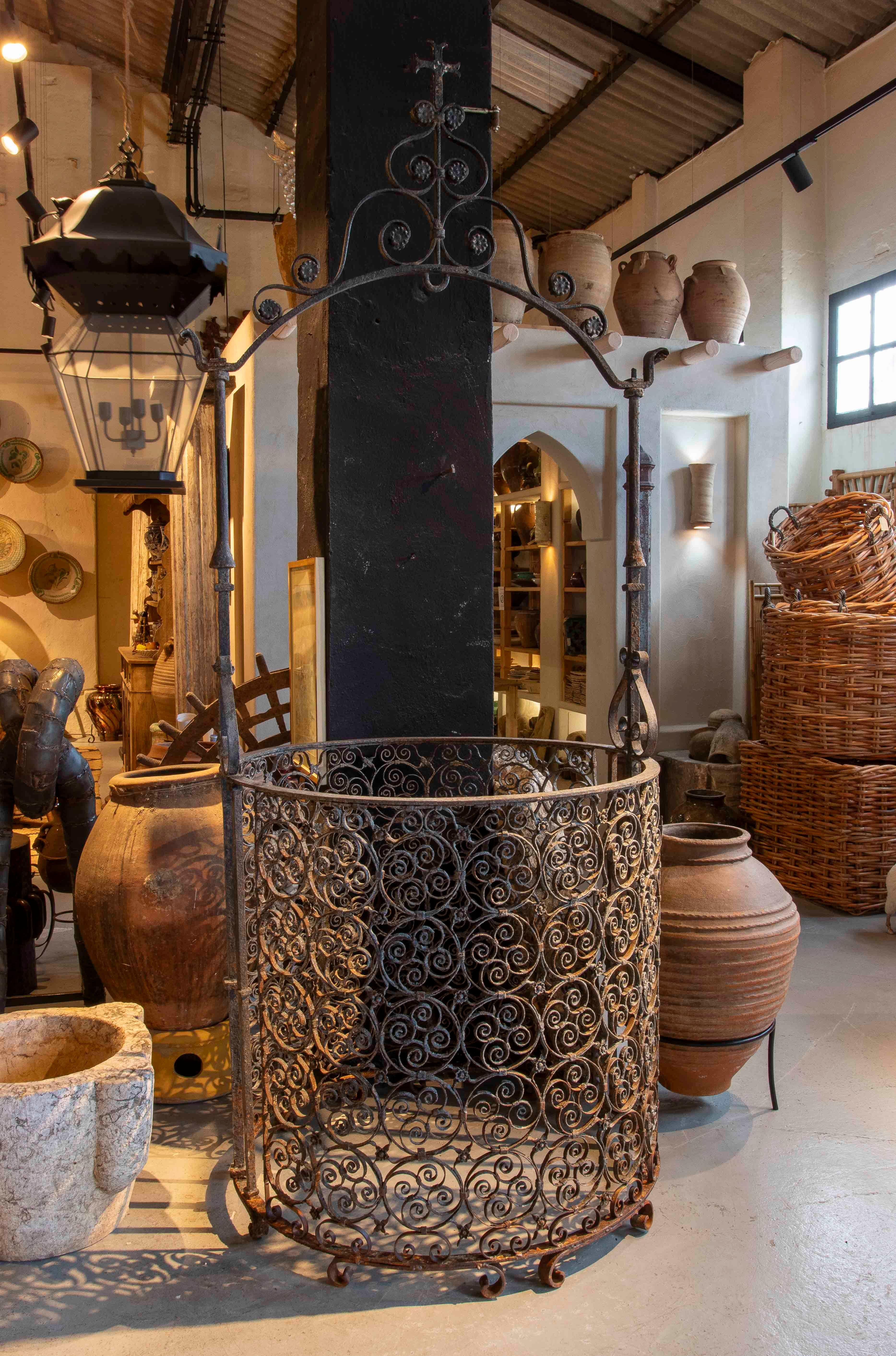 Spanish 18th Wrought Iron Well with Lantern and Scrollwork For Sale