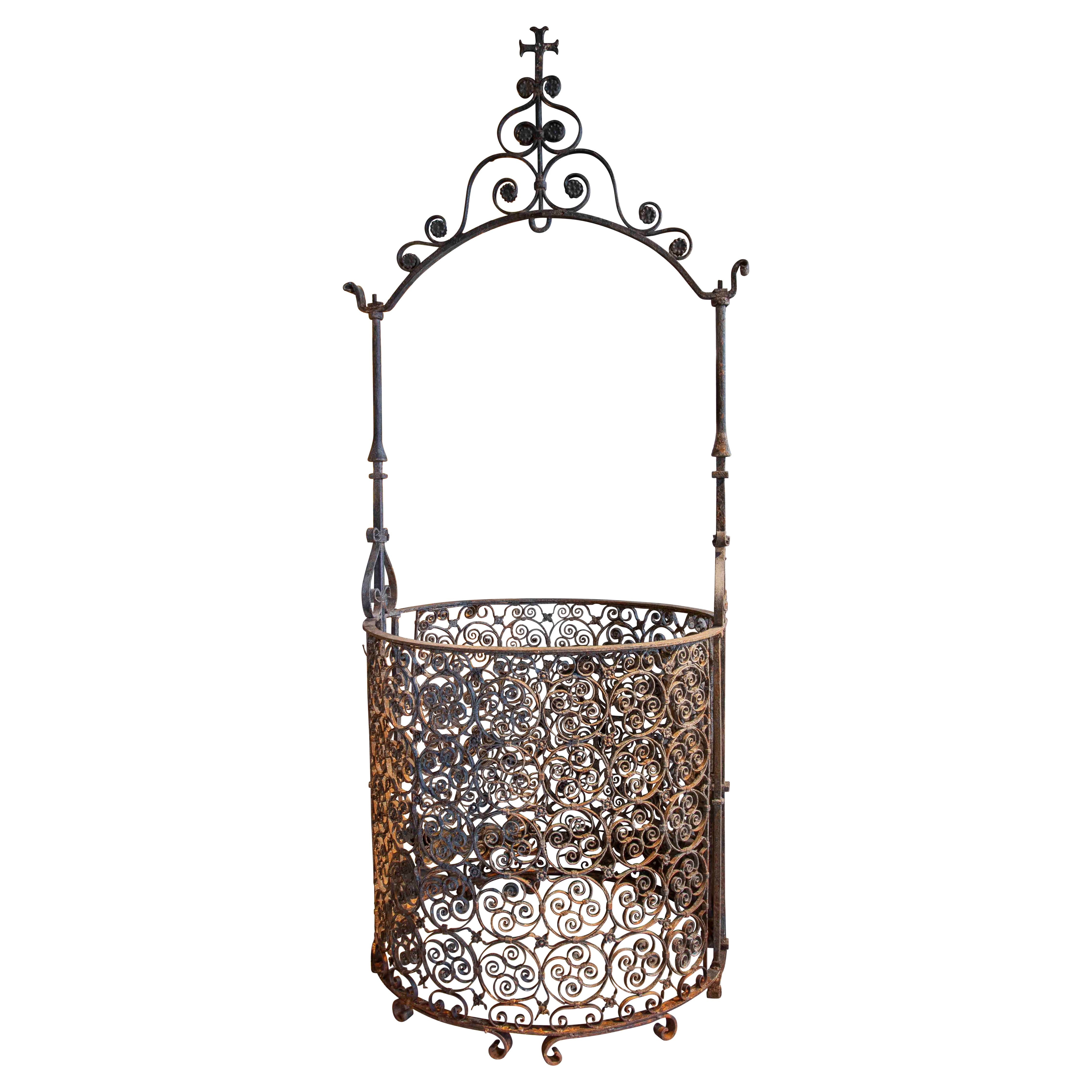 18th Wrought Iron Well with Lantern and Scrollwork For Sale