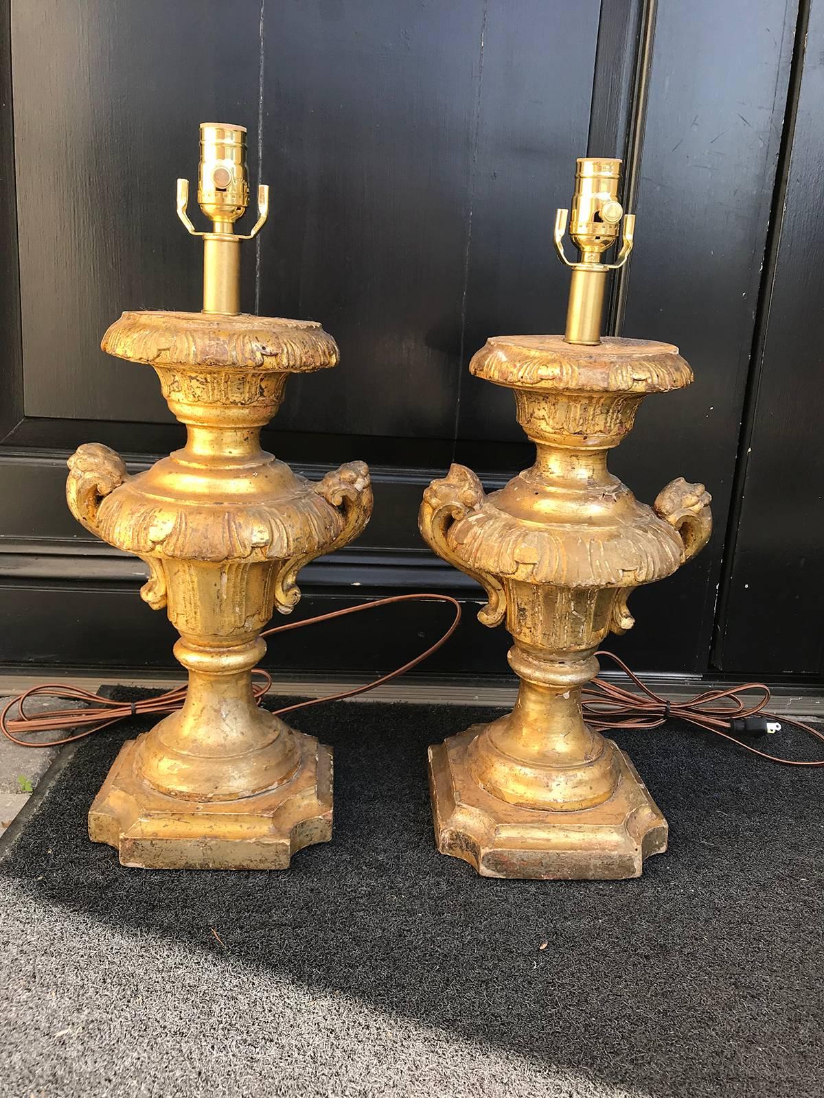 18th-19th Century Pair of Giltwood Lamps, Carved 6