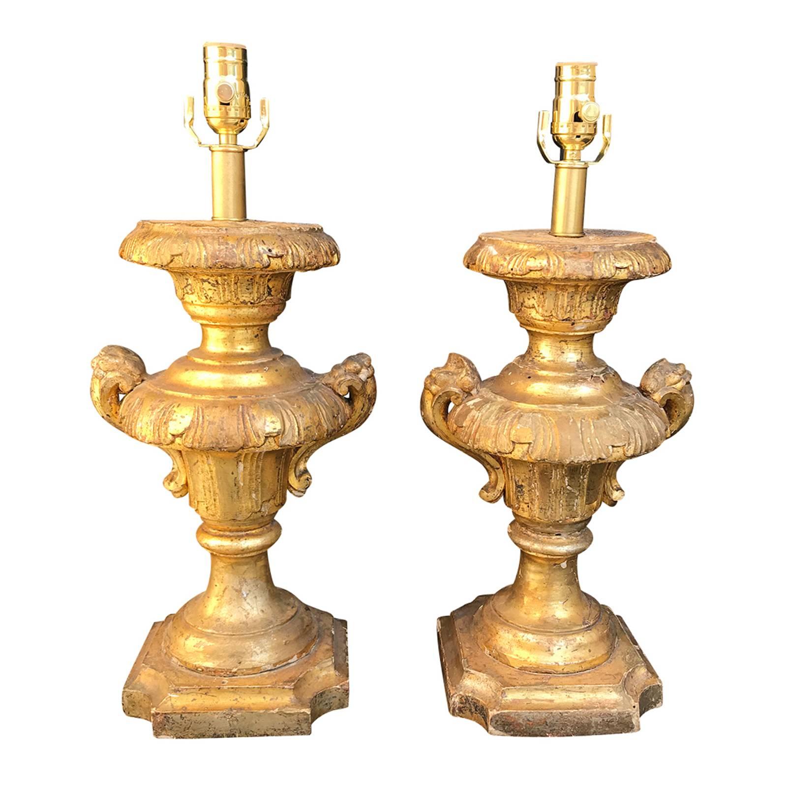 18th-19th Century Pair of Giltwood Lamps, Carved