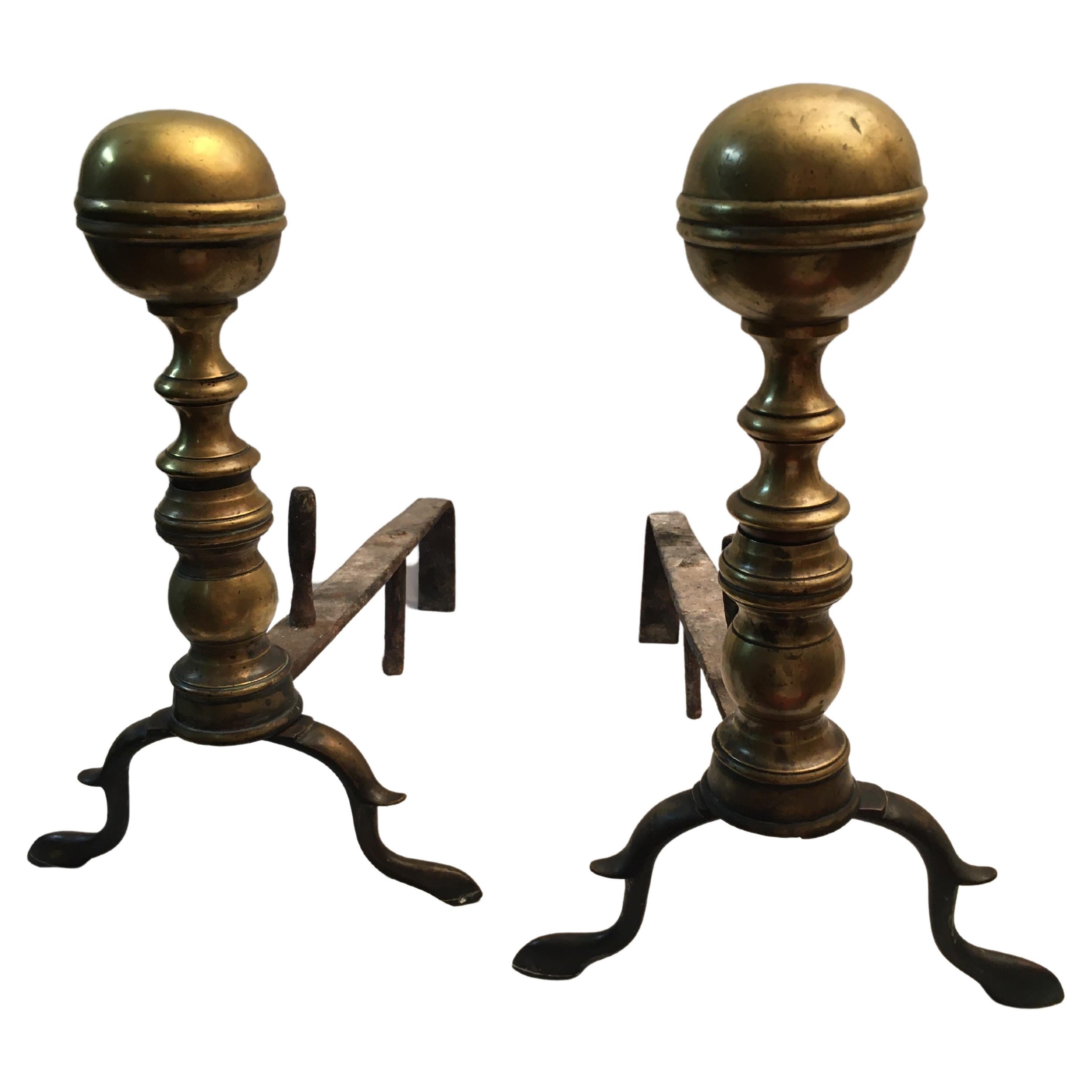 18thc American Chippendale Brass Cannonball Andiron Firedog Pair with Log Stops