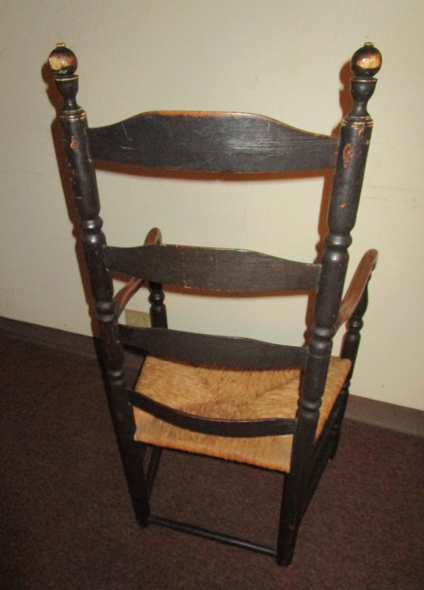 18thc American Stenciled Ladderback Chair with Rush Seat and Original Finish For Sale 3