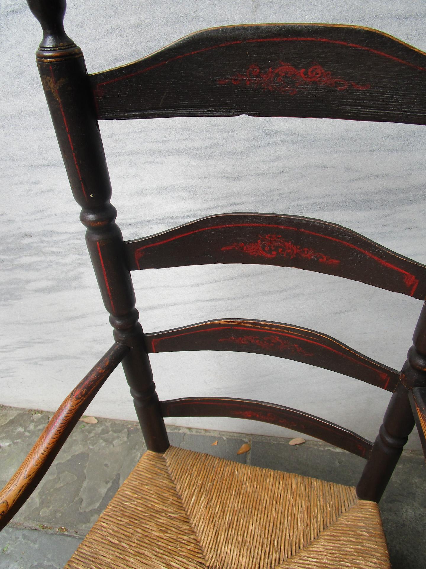 18thc American Stenciled Ladderback Chair with Rush Seat and Original Finish For Sale 5