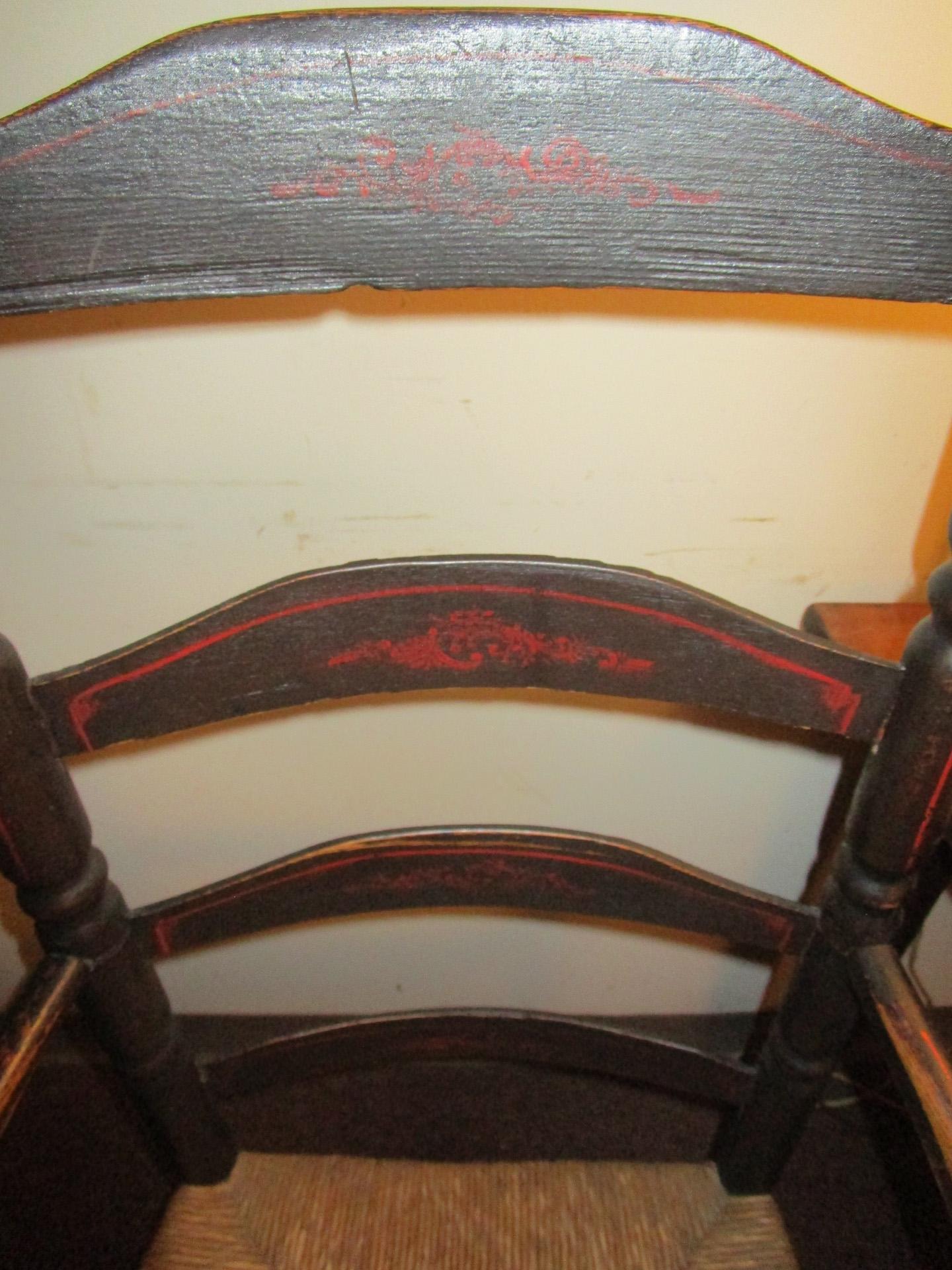 Hand-Painted 18thc American Stenciled Ladderback Chair with Rush Seat and Original Finish For Sale