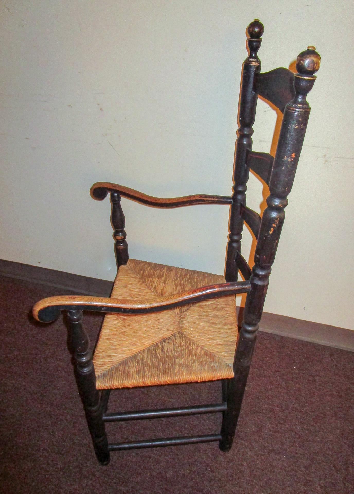 Late 18th Century 18thc American Stenciled Ladderback Chair with Rush Seat and Original Finish For Sale