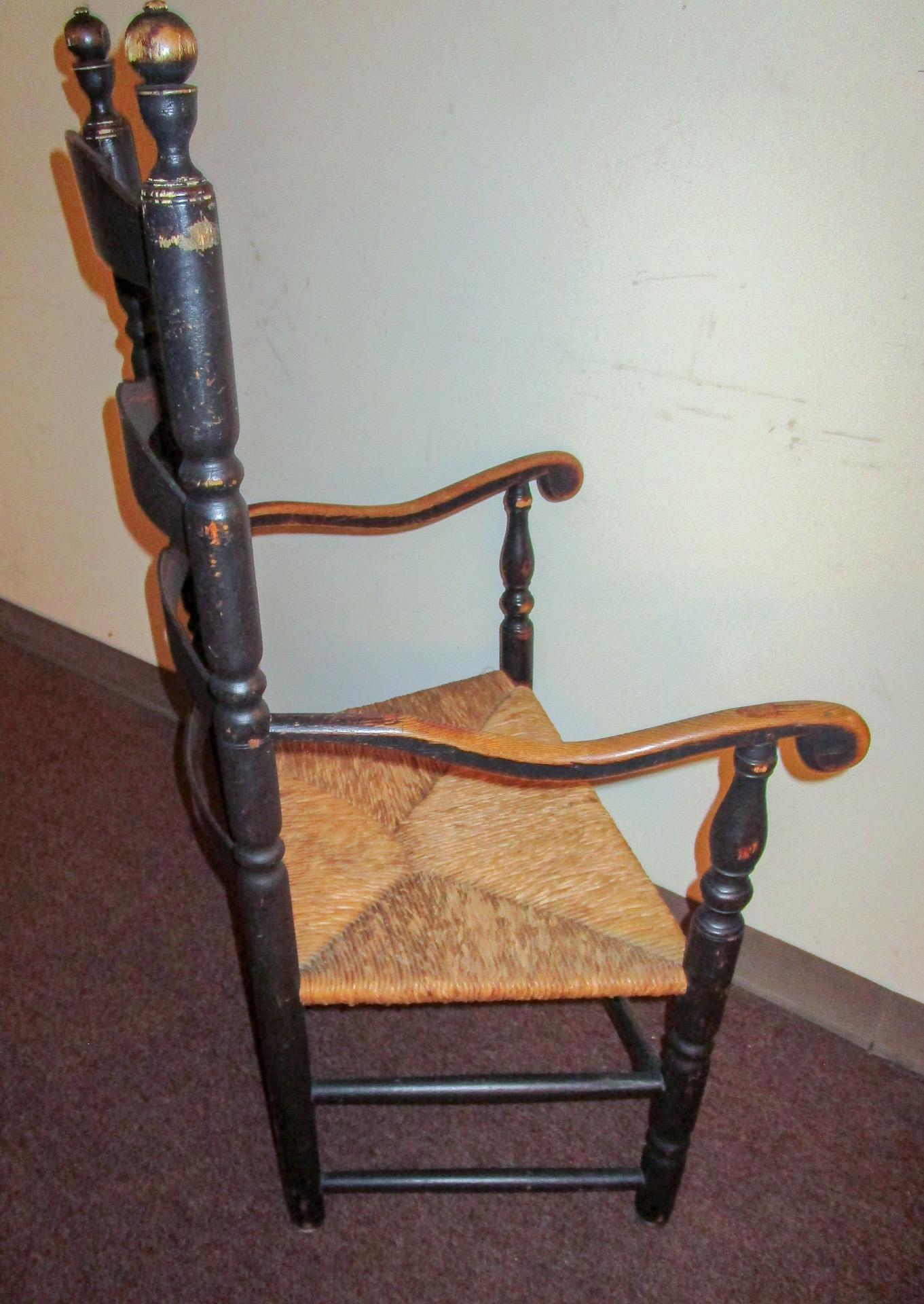 Oak 18thc American Stenciled Ladderback Chair with Rush Seat and Original Finish For Sale