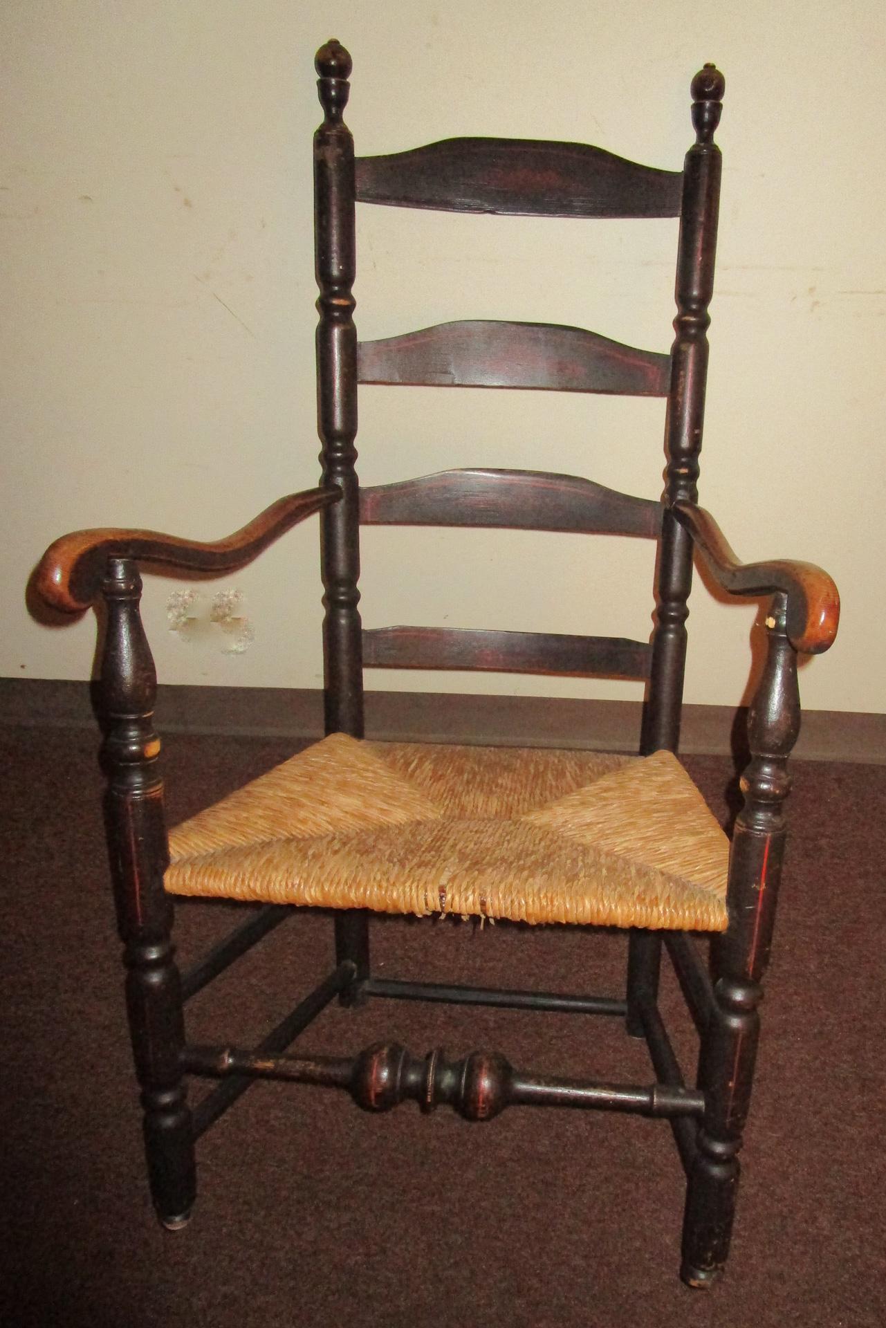 18thc American Stenciled Ladderback Chair with Rush Seat and Original Finish For Sale 1