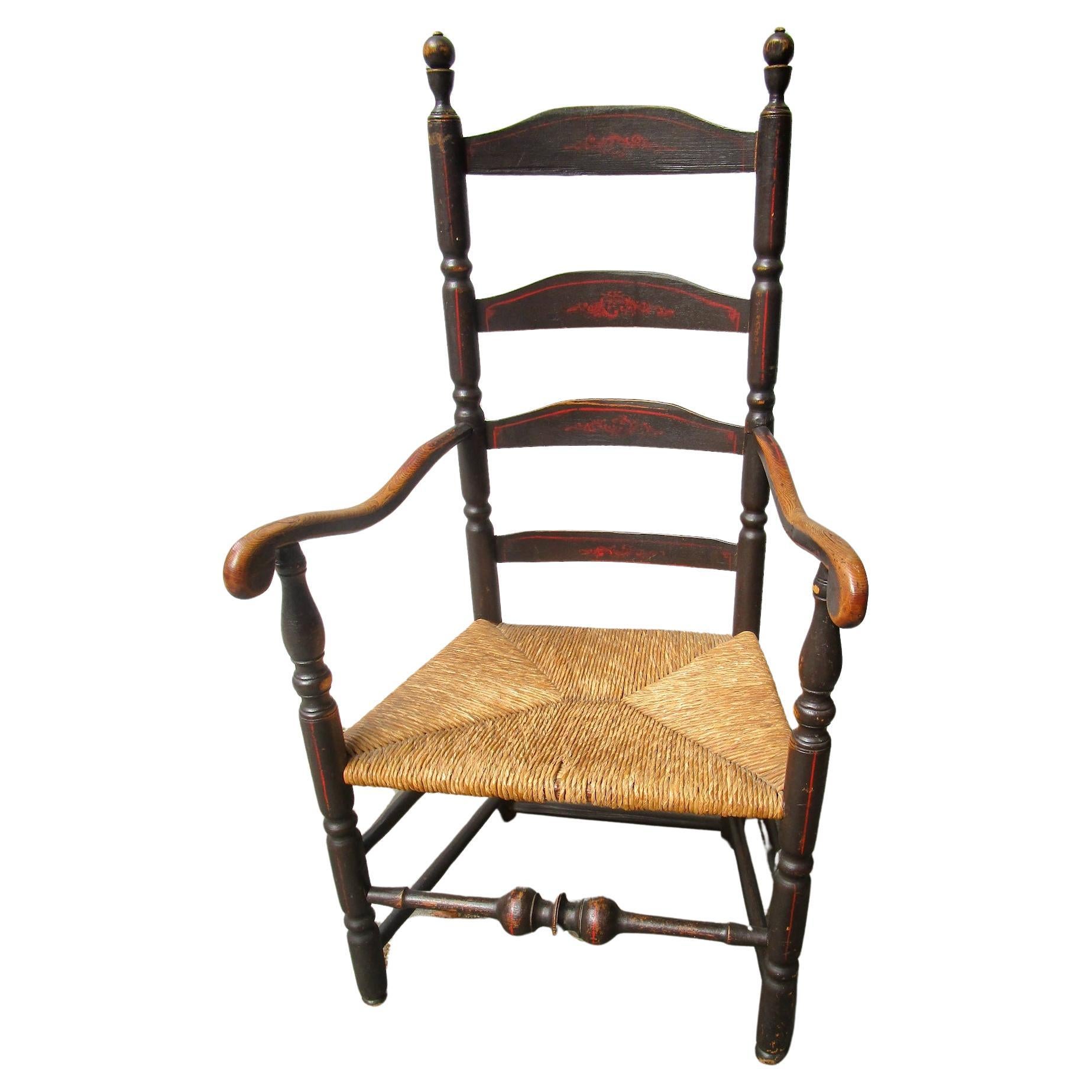18thc American Stenciled Ladderback Chair with Rush Seat and Original Finish For Sale