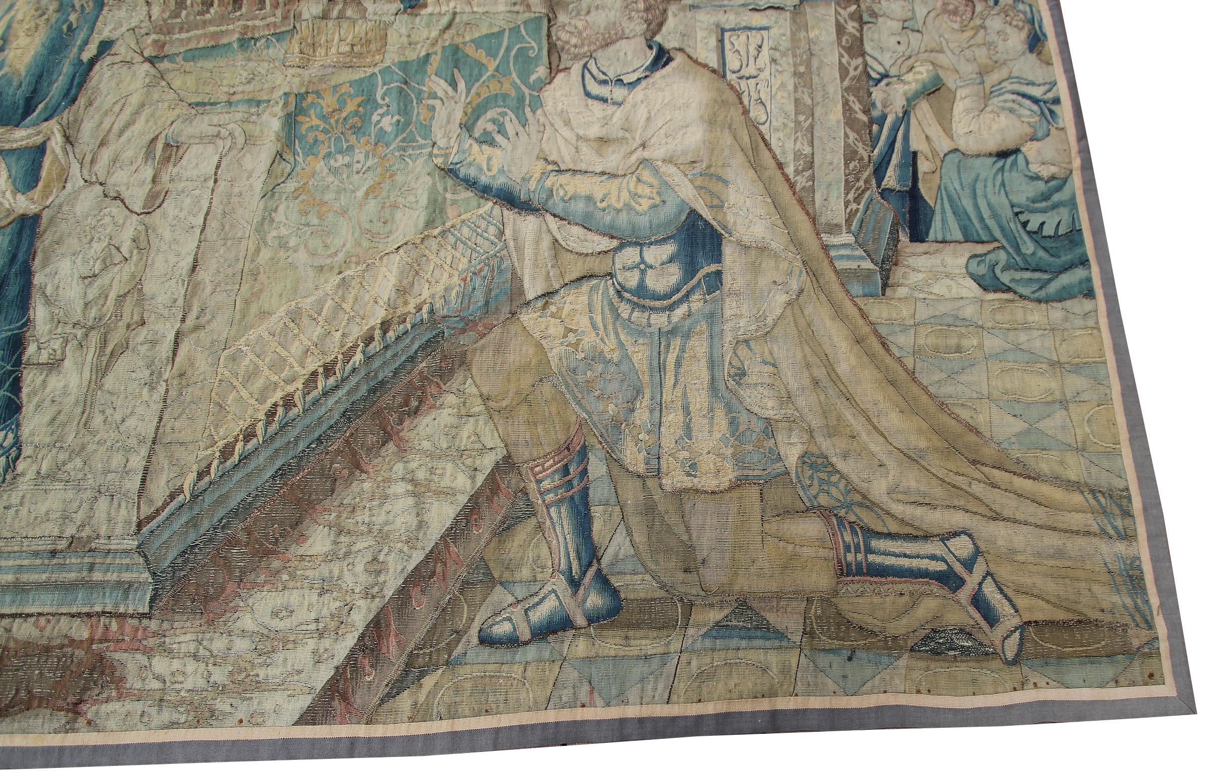 18th.C Antique Flemish Tapestry Historical King Solomon Scene 7'x8' 196cmx244cm In Good Condition For Sale In New York, NY