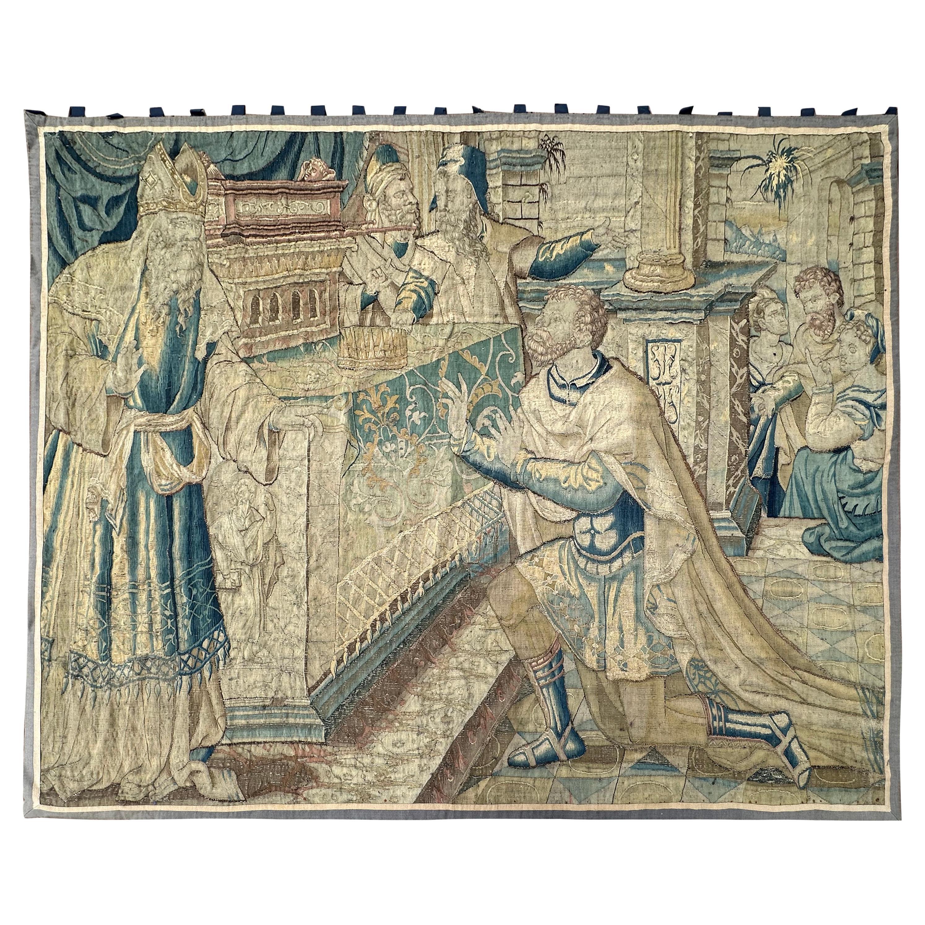 18th.C Antique Flemish Tapestry Historical King Solomon Scene 7'x8' 196cmx244cm For Sale