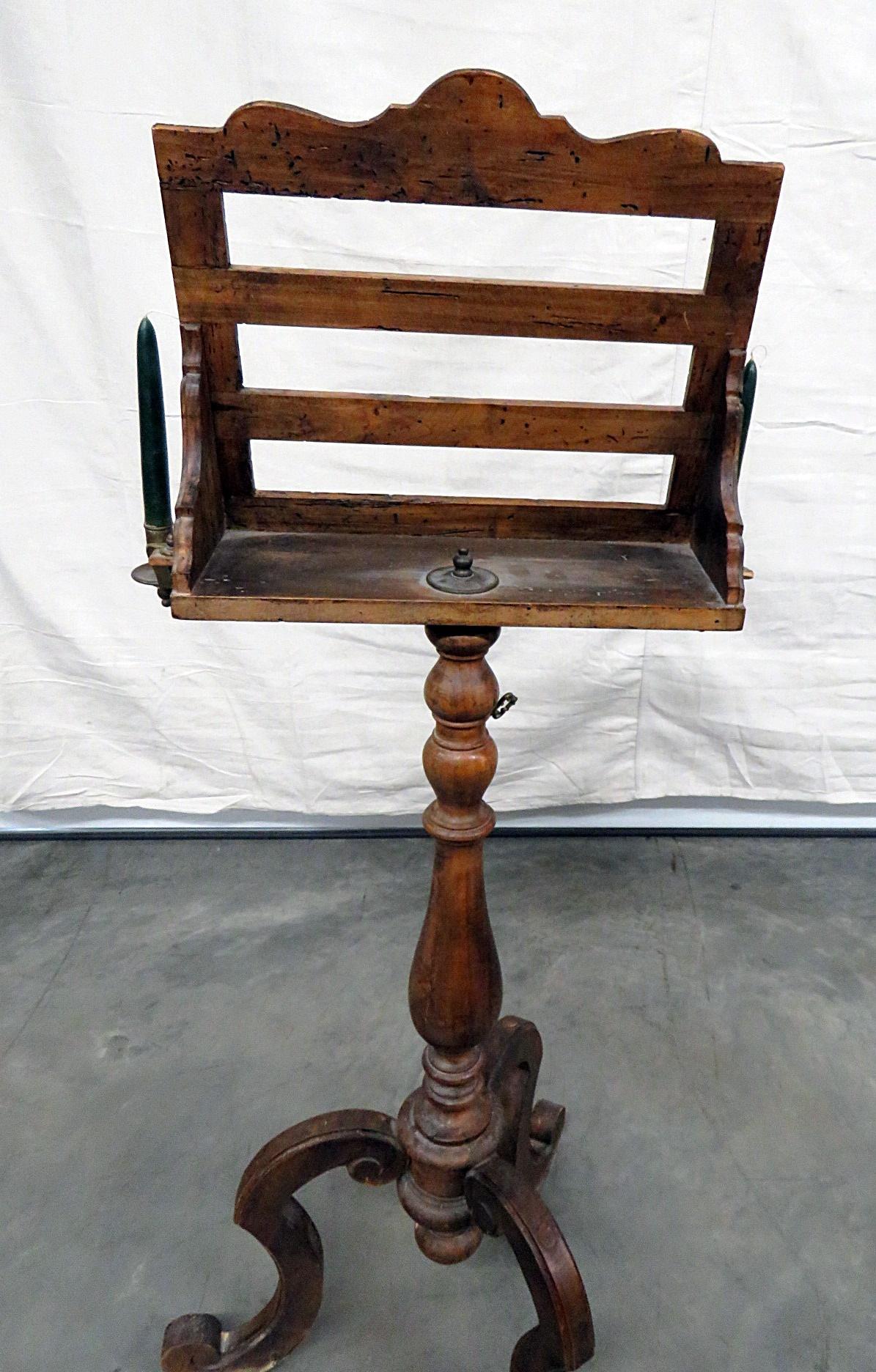 Late 1700s Era Italian Carved Provincial Music Stand with Brass Candle Holders 1