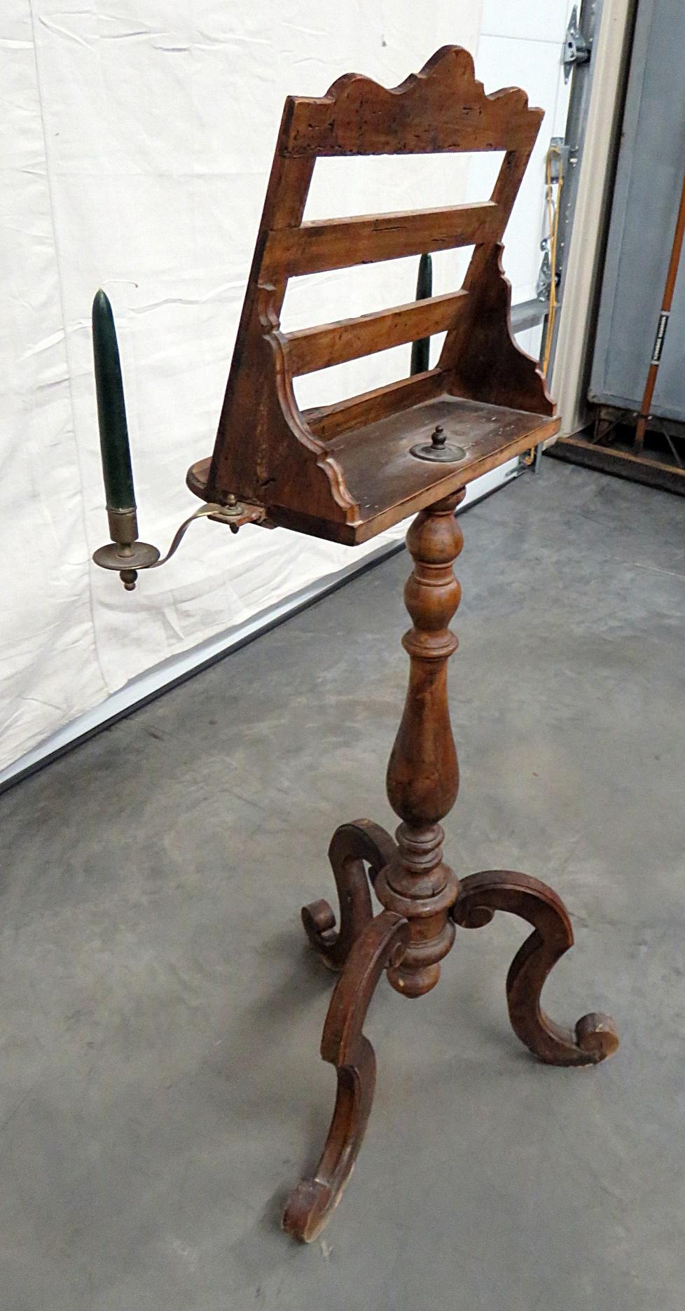 Late 1700s Era Italian Carved Provincial Music Stand with Brass Candle Holders 2