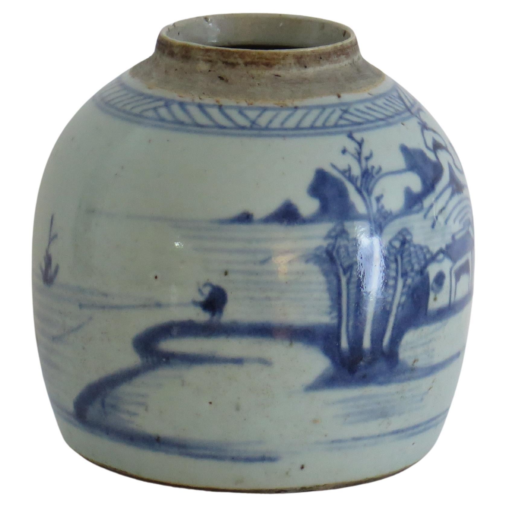 18. Jahrhundert Chinesisch Export Blau und Weiß Jar Porzellan Hand gemalt Szene, Qing im Angebot