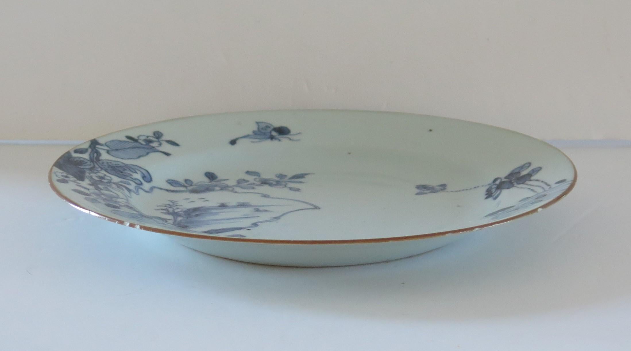 Hand-Painted 18thC Chinese Porcelain Plate Blue and White Bird & Butterfly, Qing, circa 1770