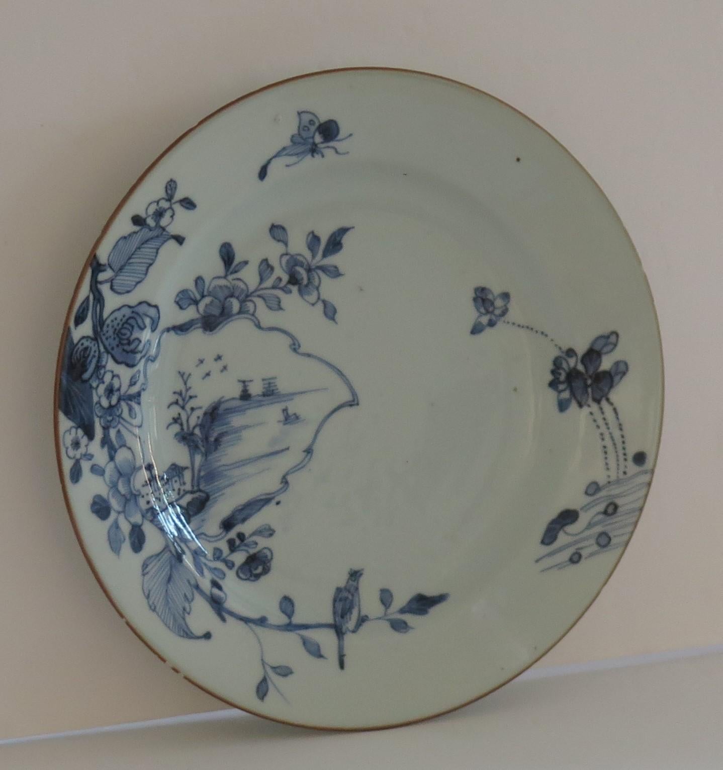 18th Century and Earlier 18thC Chinese Porcelain Plate Blue and White Bird & Butterfly, Qing, circa 1770