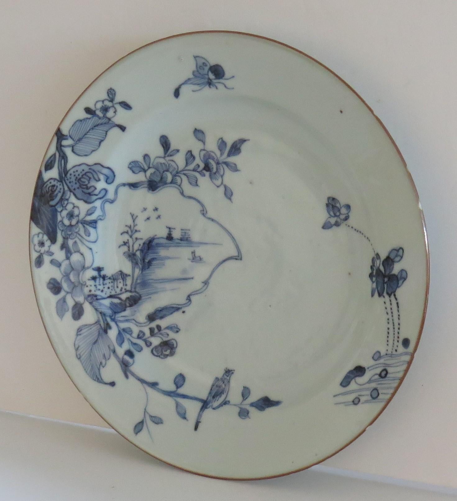 18thC Chinese Porcelain Plate Blue and White Bird & Butterfly, Qing, circa 1770 1