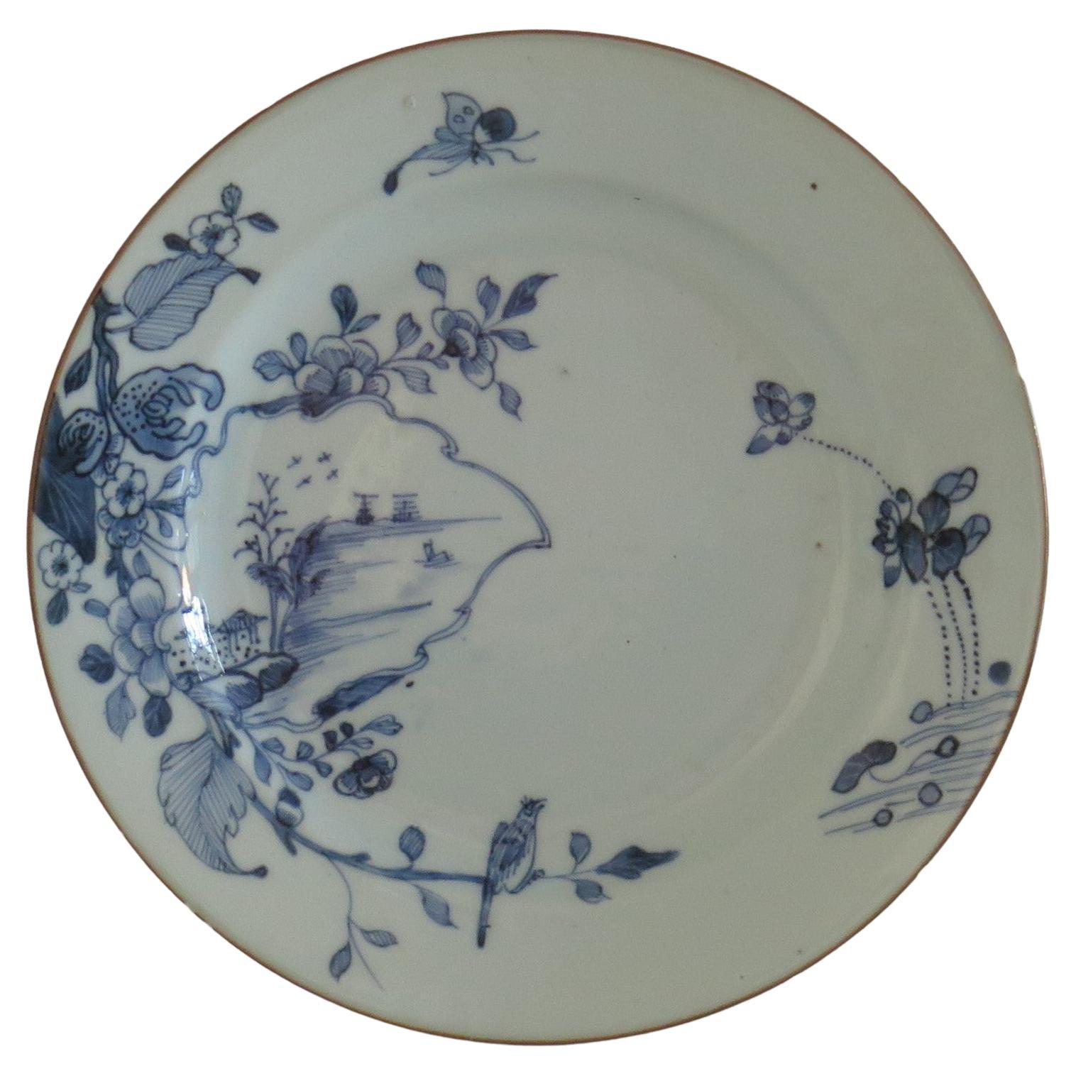 18thC Chinese Porcelain Plate Blue and White Bird & Butterfly, Qing, circa 1770