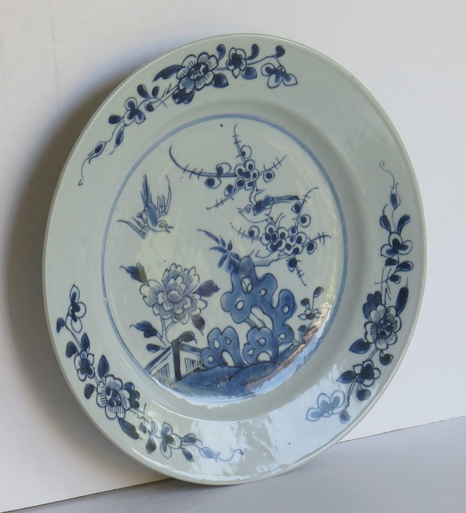 Hand-Painted Chinese Export Plate Blue and White porcelain Birds in a garden, Qing circa 1770