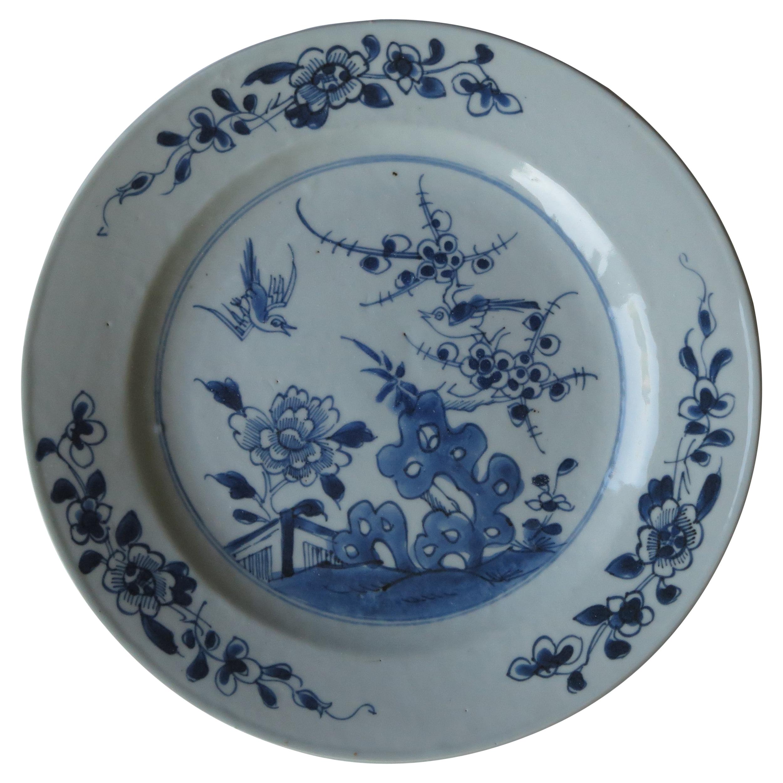 Chinese Export Plate Blue and White porcelain Birds in a garden, Qing circa 1770