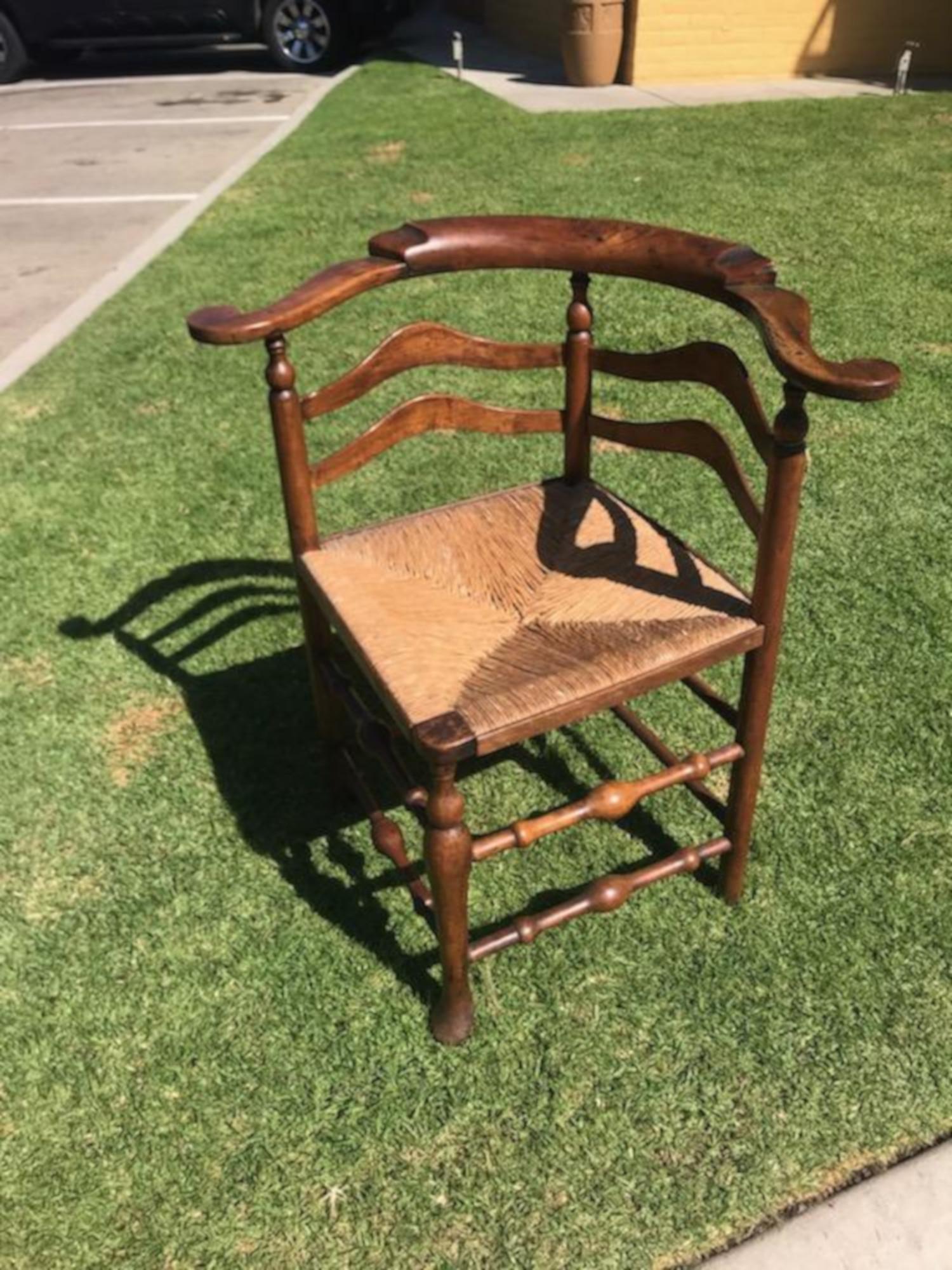 Hand-Carved 18th Century Corner Chair from New England with Original Woven Seat