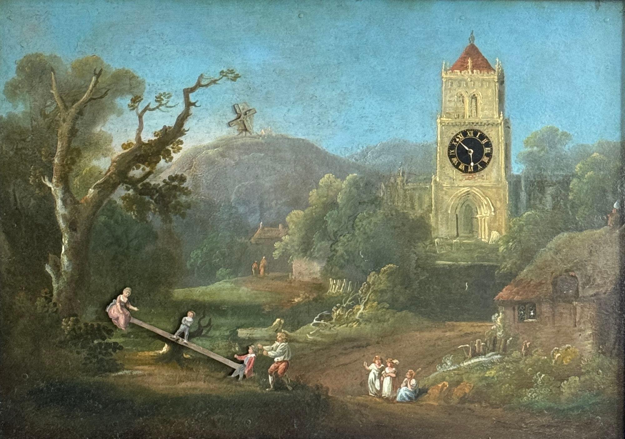 Eine ungewöhnliche gerahmte Bilderuhr mit automatischer Wippe, Windmühle und Uhrenturm. Das gemalte Kupferblech zeigt eine ländliche Szene mit Bäumen und Hügeln, einer rustikalen Hütte und einer Familiengruppe, die einem Mann zusieht, der Kinder auf