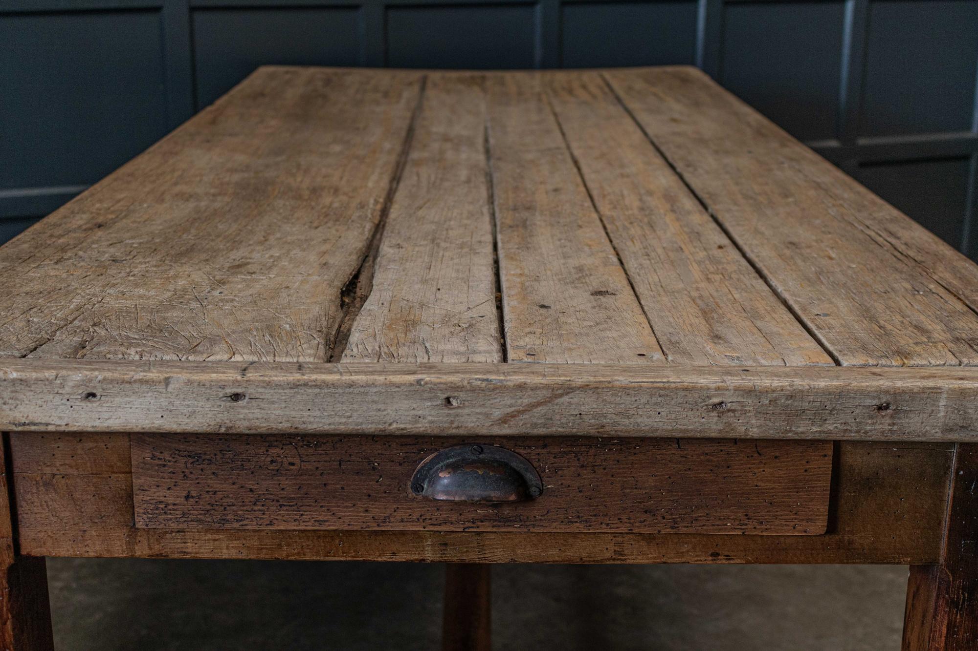 Circa 1790.

18th C English estate made sycamore top prep table

Rustic thick bleached sycamore top with breadboard ends.

Drawers to both ends, raised legs.
(Signs of past woodworm)

  

Measures: W 200 x D 89 x H 80cm.