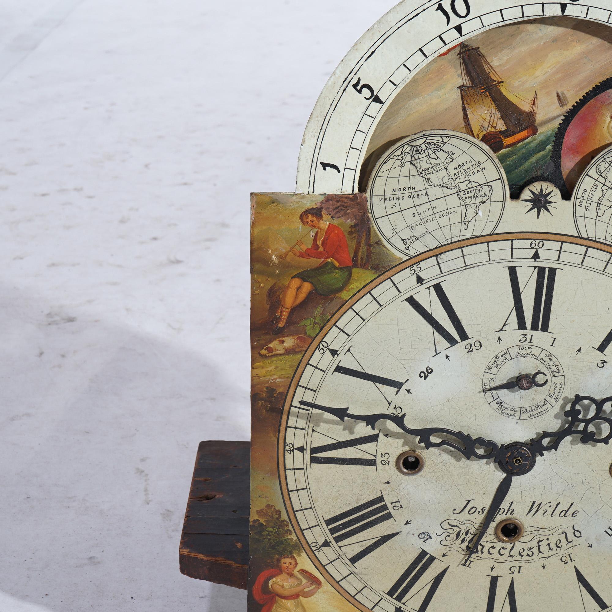 18thC English Joseph Wilde Macclesfield Tall Case Clockworks, Moon Phase Dial 5