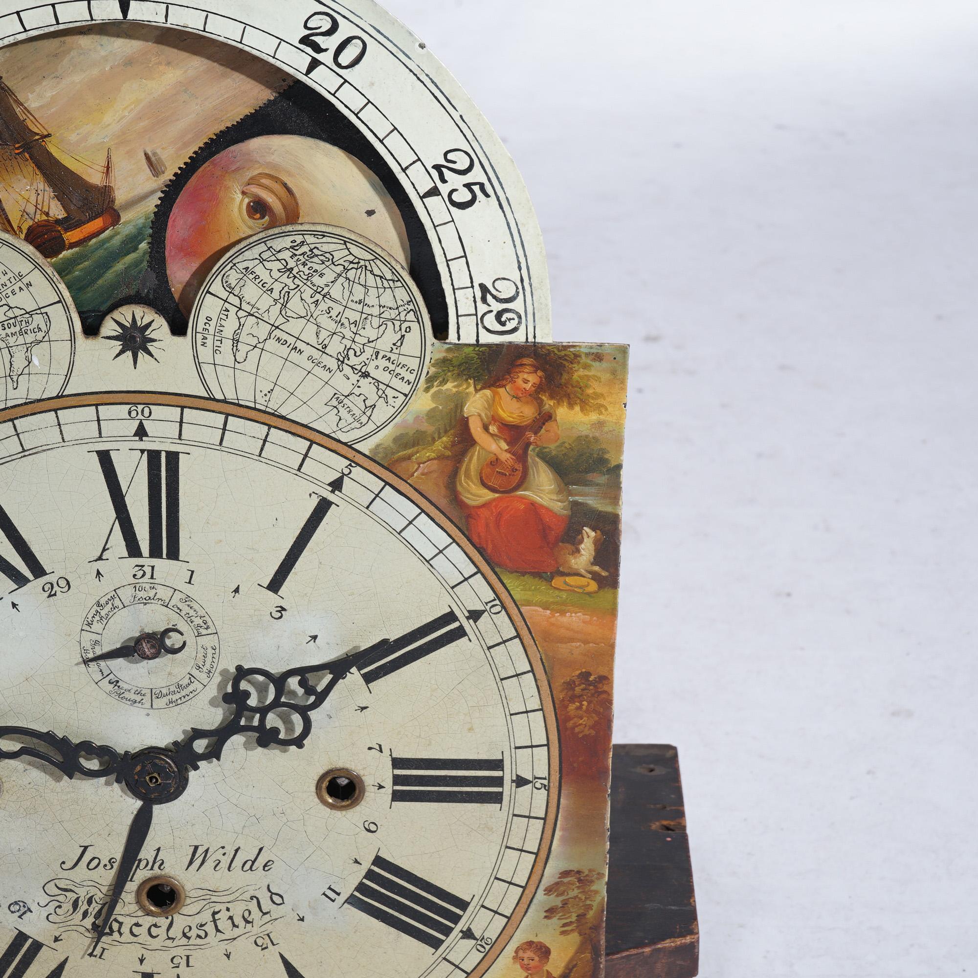 18thC English Joseph Wilde Macclesfield Tall Case Clockworks, Moon Phase Dial 6