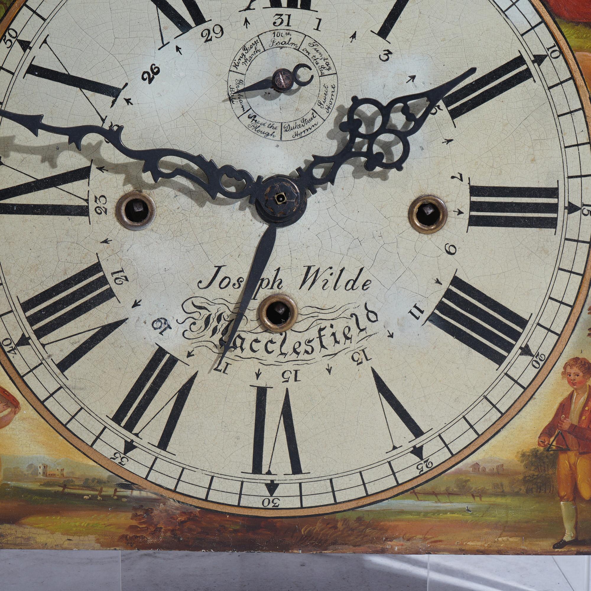18thC English Joseph Wilde Macclesfield Tall Case Clockworks, Moon Phase Dial In Good Condition In Big Flats, NY