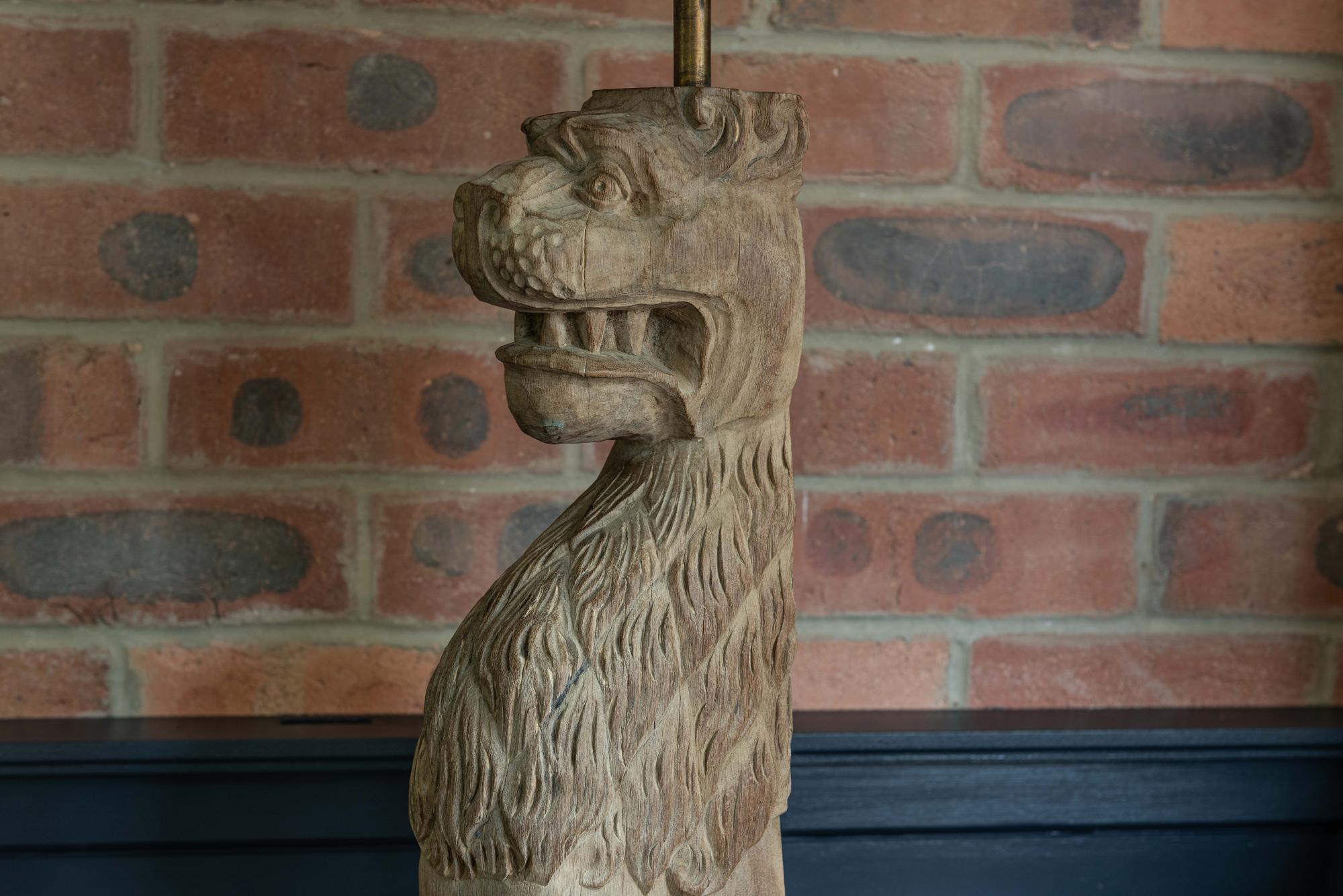 British 18th Century English Large Carved Oak Lion Table Lamp For Sale