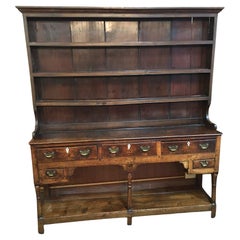 18thc English Oak Welsh Cupboard with Five Drawers and Bone Escutcheons