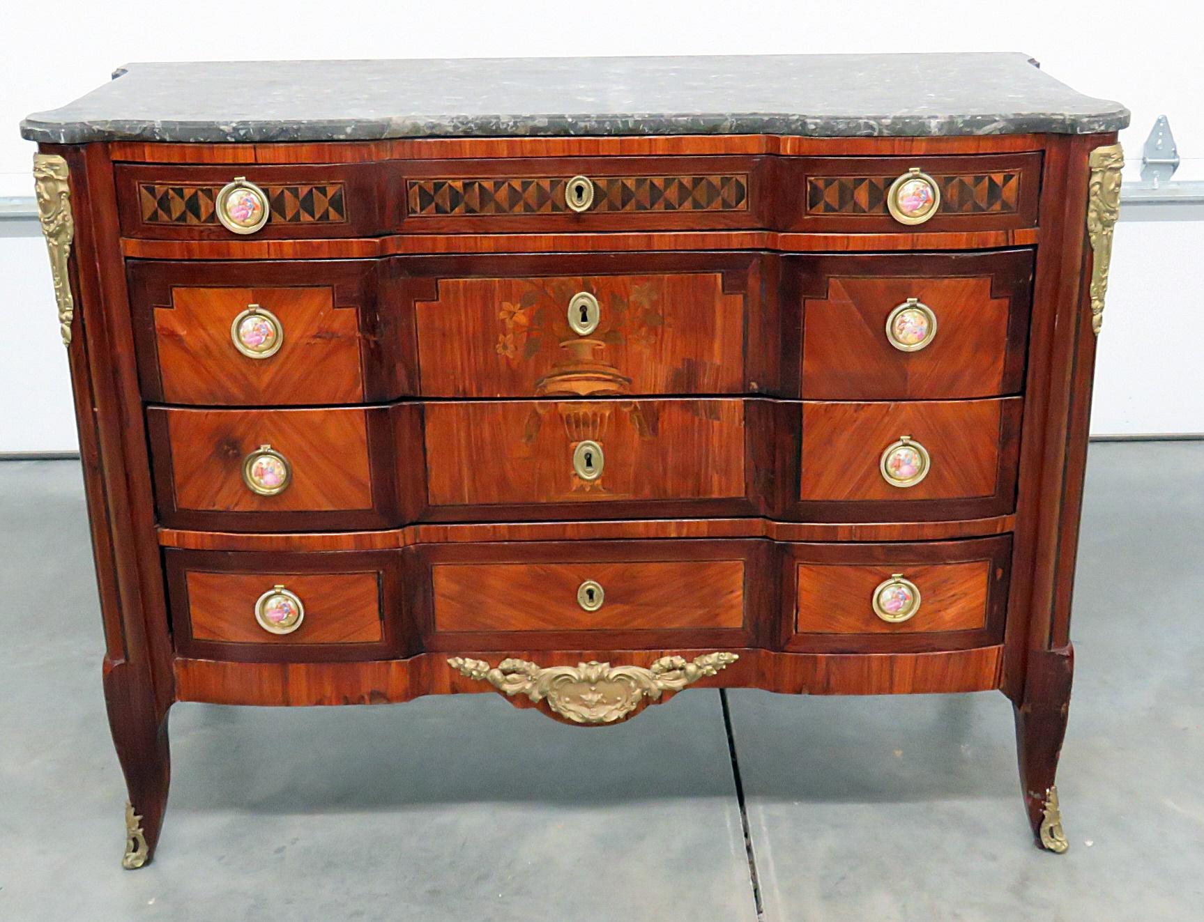 18th century French Empire style inlaid marble top commode with bronze mounts.