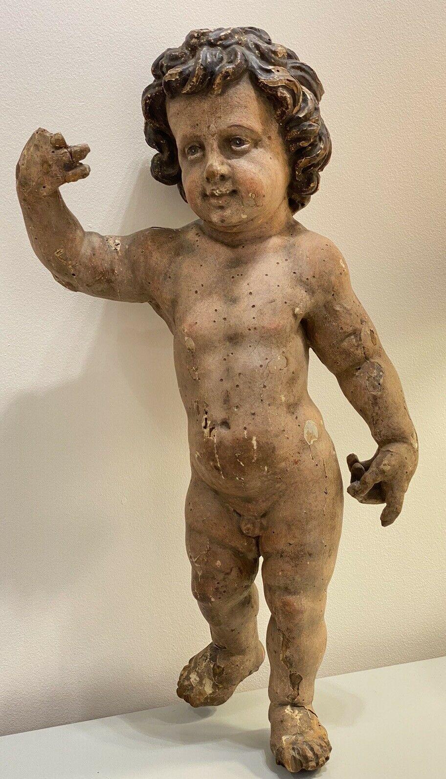 18thc French Large Carved Wood Putto/ Angel Figural Sculpture For Sale 6