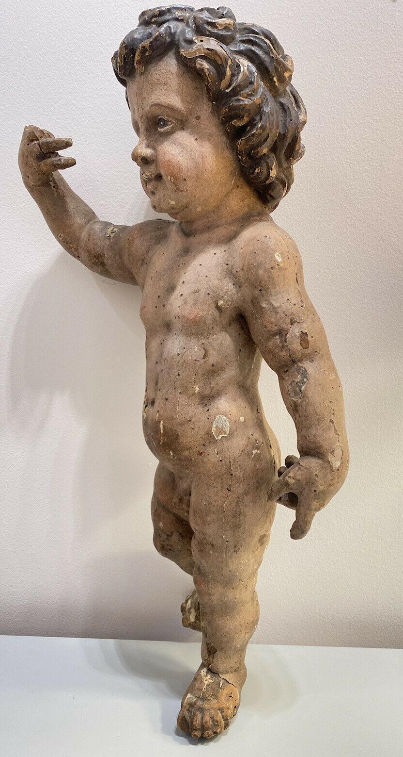 18thc French Large Carved Wood Putto/ Angel Figural Sculpture For Sale 8