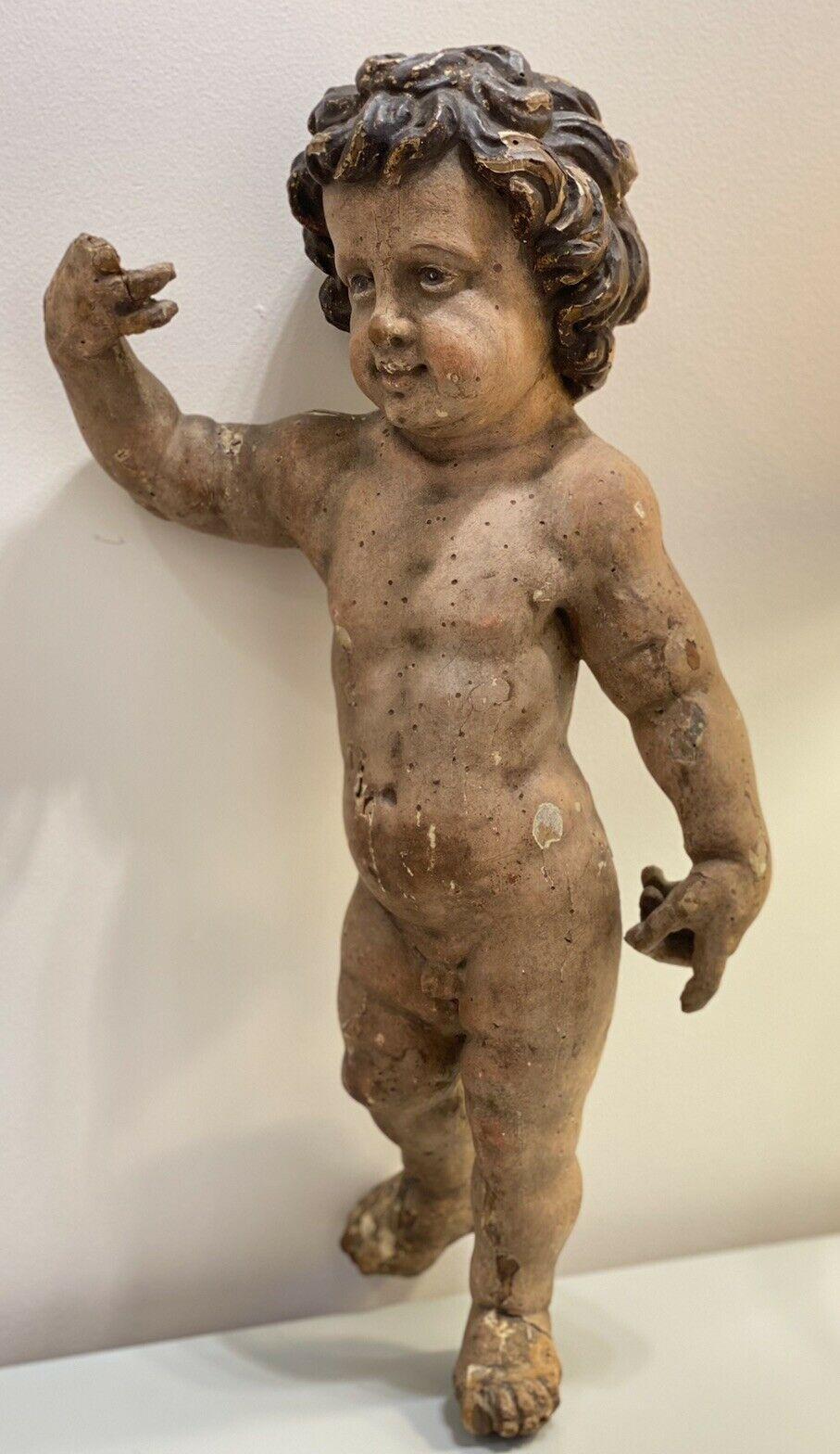 18thc French Large Carved Wood Putto/ Angel Figural Sculpture For Sale 9