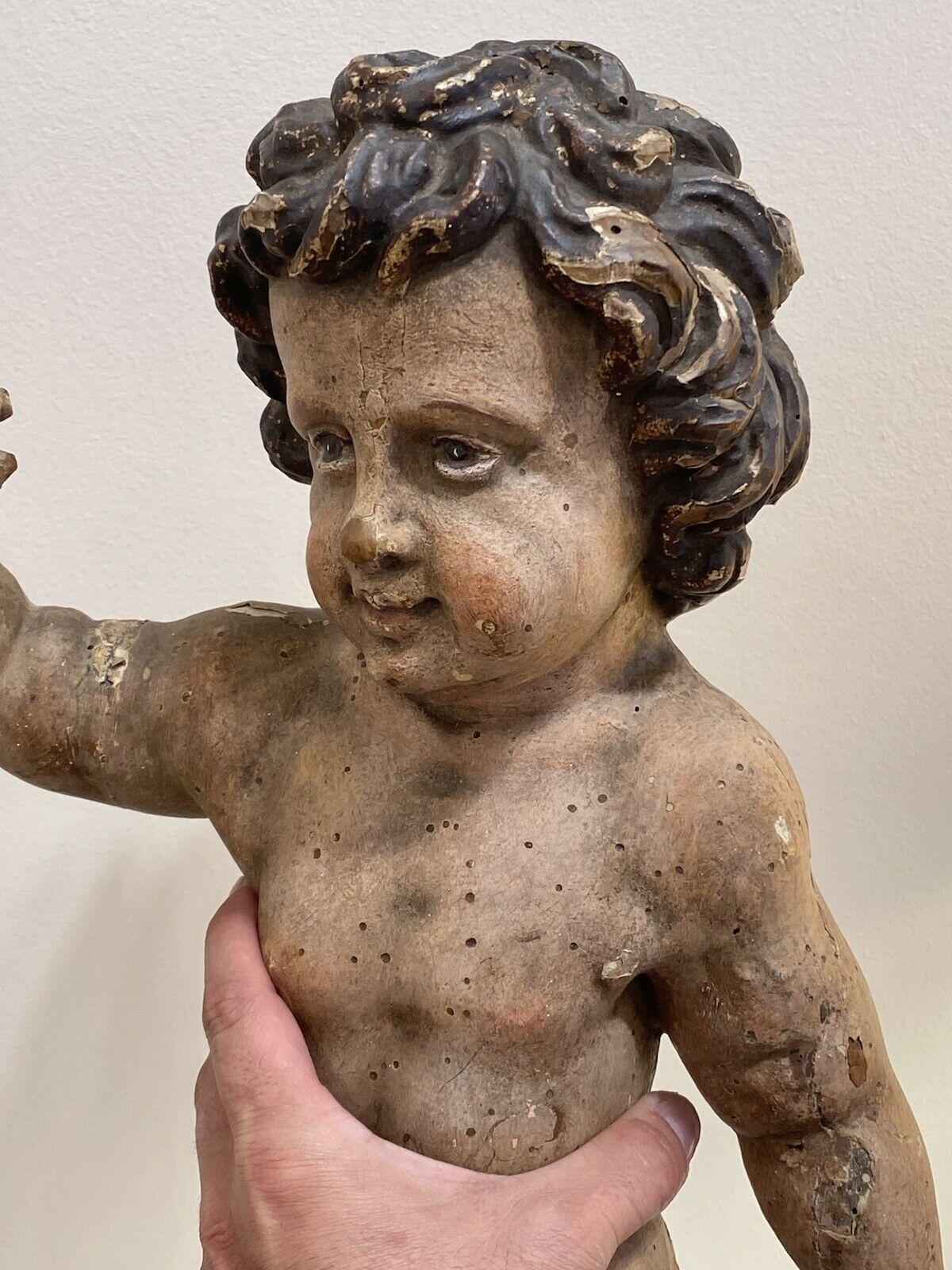 18thc French Large Carved Wood Putto/ Angel Figural Sculpture In Distressed Condition For Sale In Opa Locka, FL