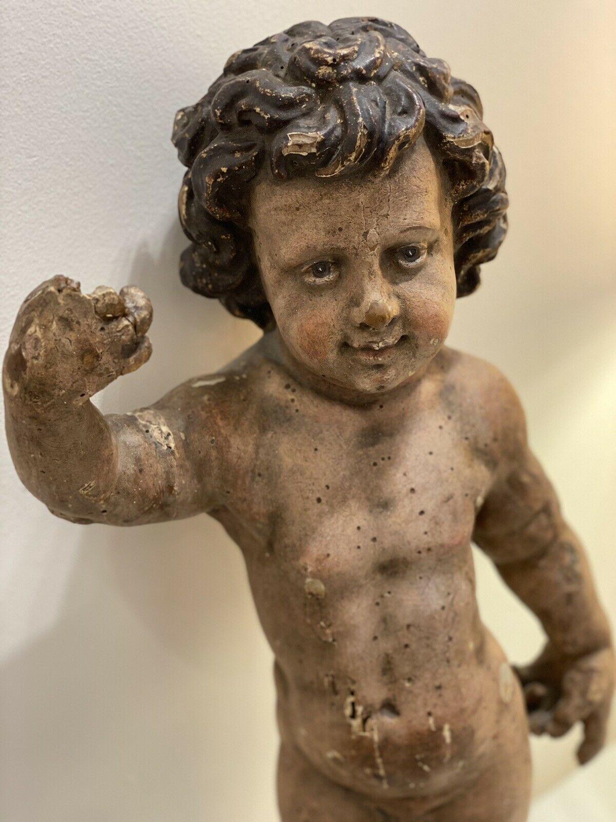 18thc French Large Carved Wood Putto/ Angel Figural Sculpture For Sale 3