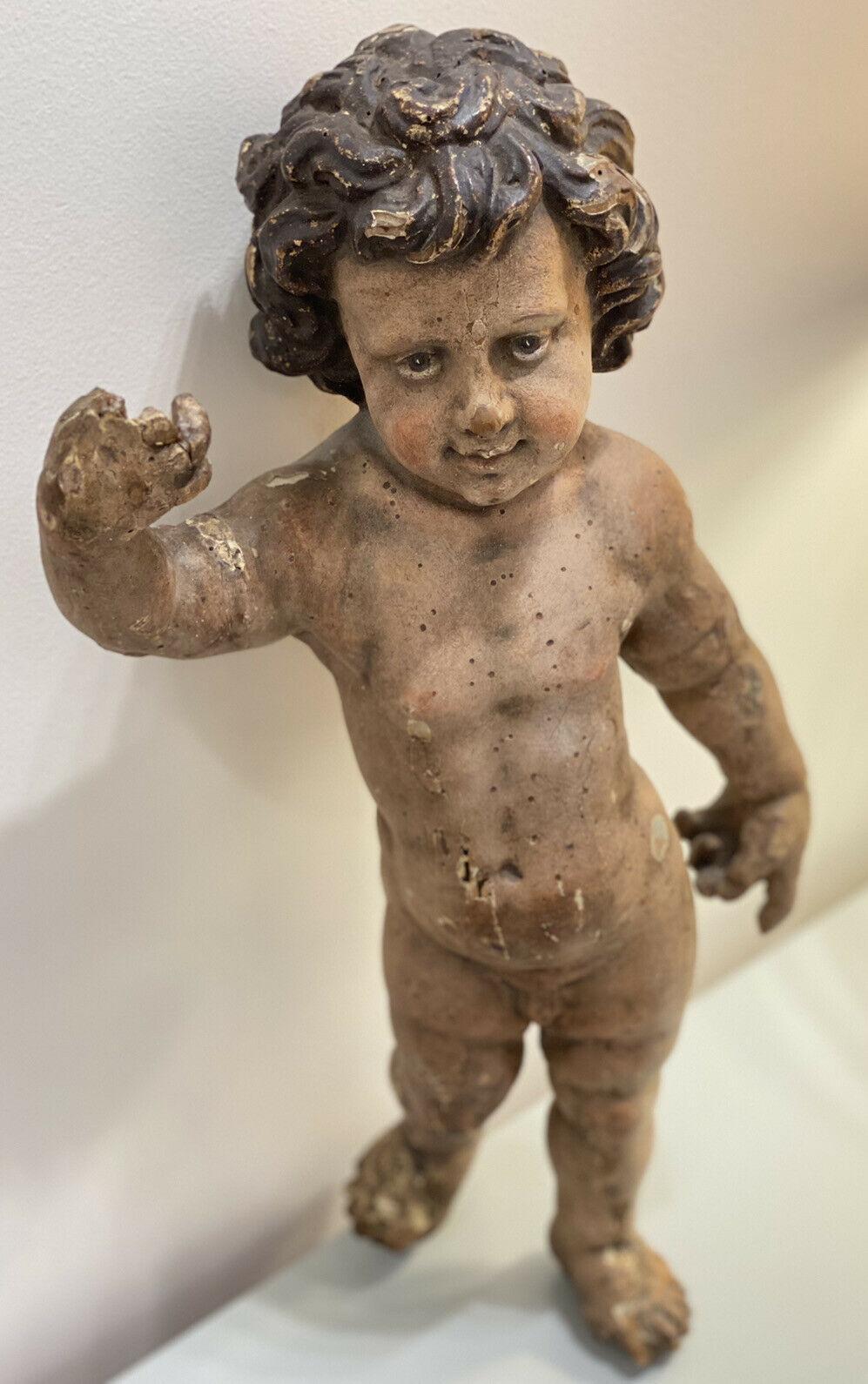 18thc French Large Carved Wood Putto/ Angel Figural Sculpture For Sale 4