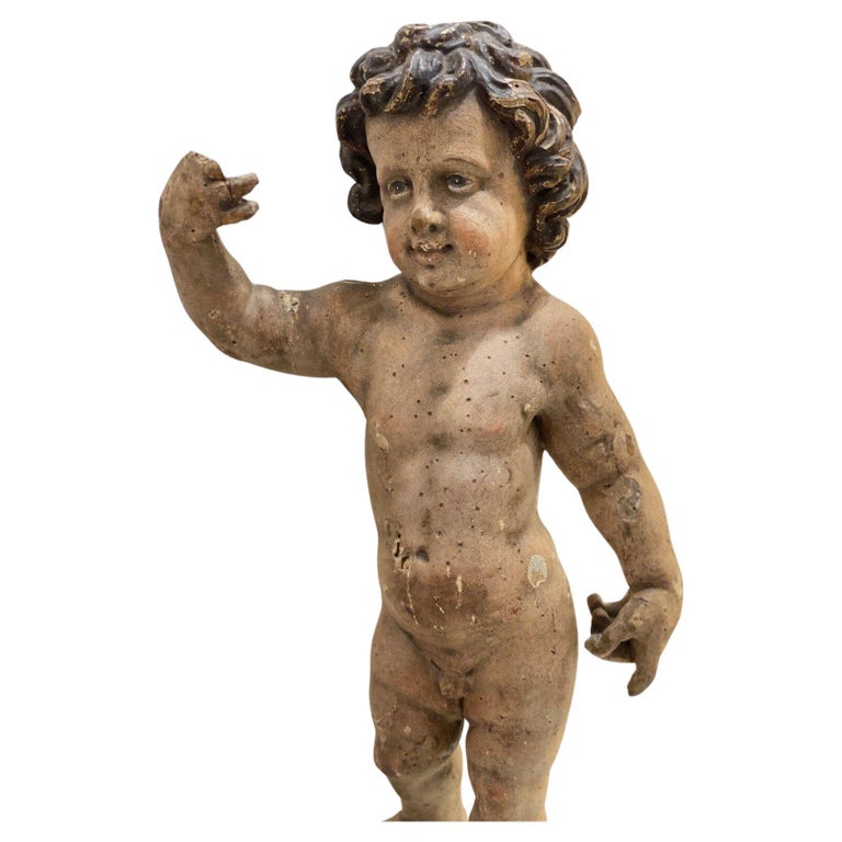 Figurine Ange Putto En Bois Sculpté Et Peint – Avec Luth – 31 Cm