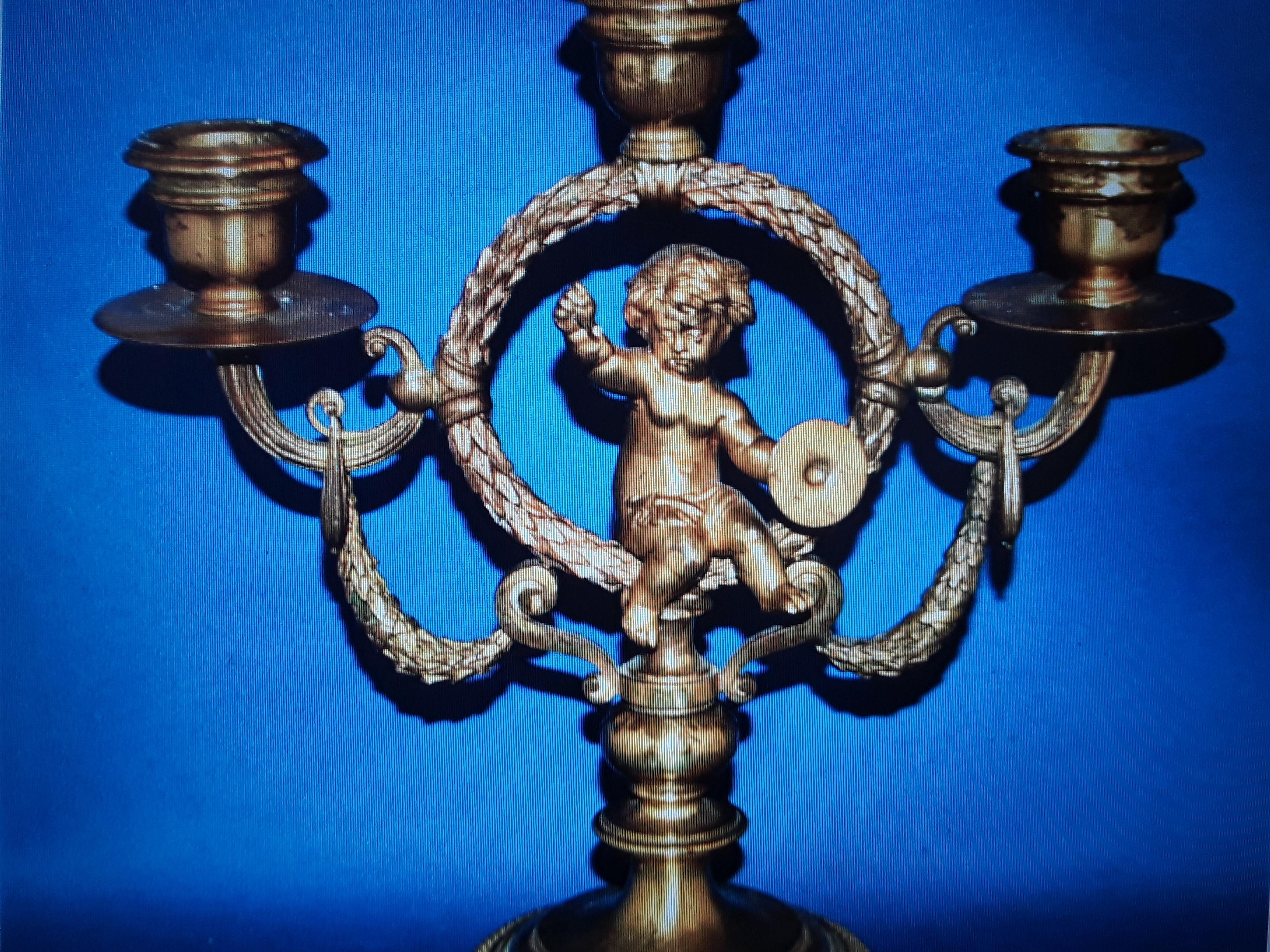 18thc French Louis XVI Gilt Bronze Musical Cherub Baby Candelabrum In Good Condition For Sale In Opa Locka, FL