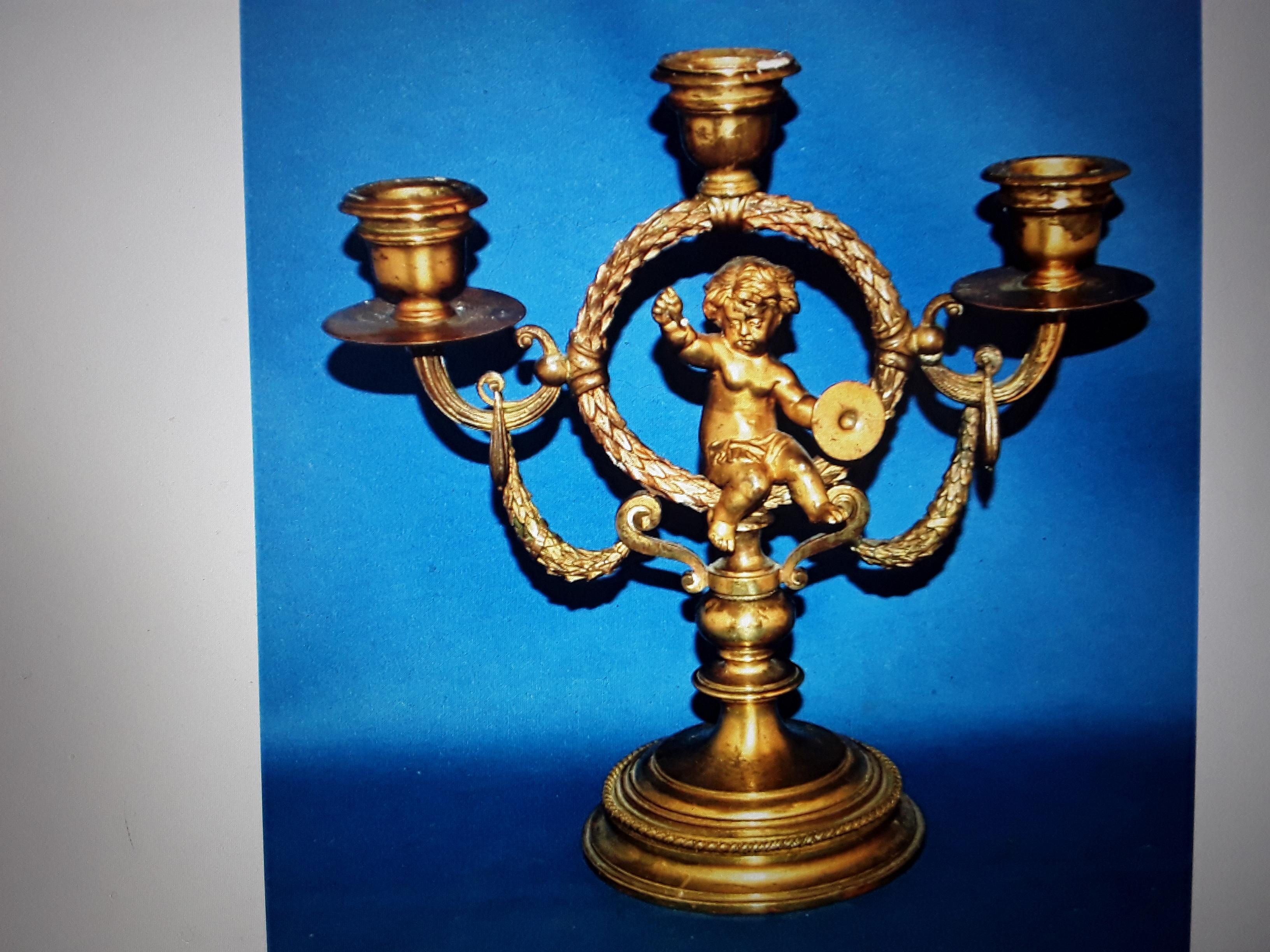 Late 18th Century 18thc French Louis XVI Gilt Bronze Musical Cherub Baby Candelabrum For Sale