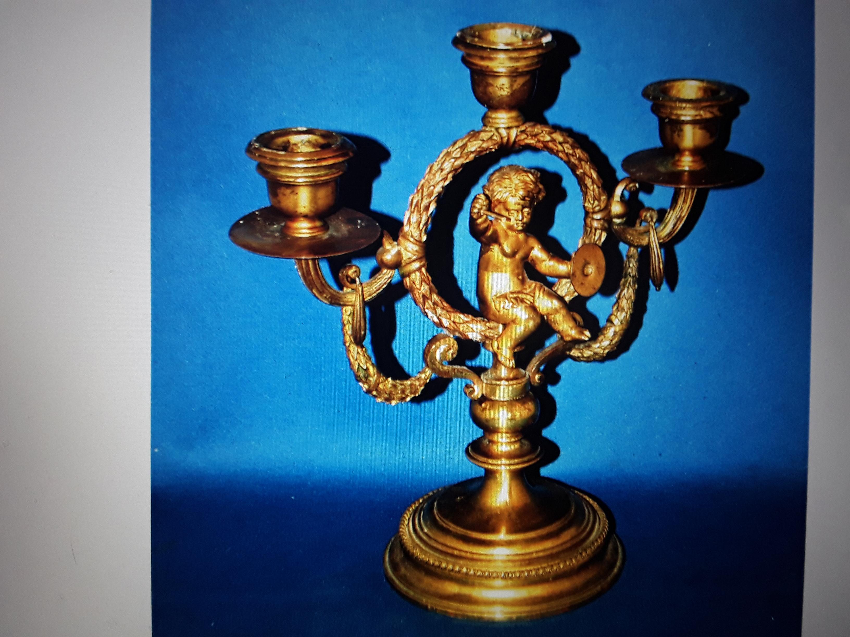 18thc French Louis XVI Gilt Bronze Musical Cherub Baby Candelabrum For Sale 3