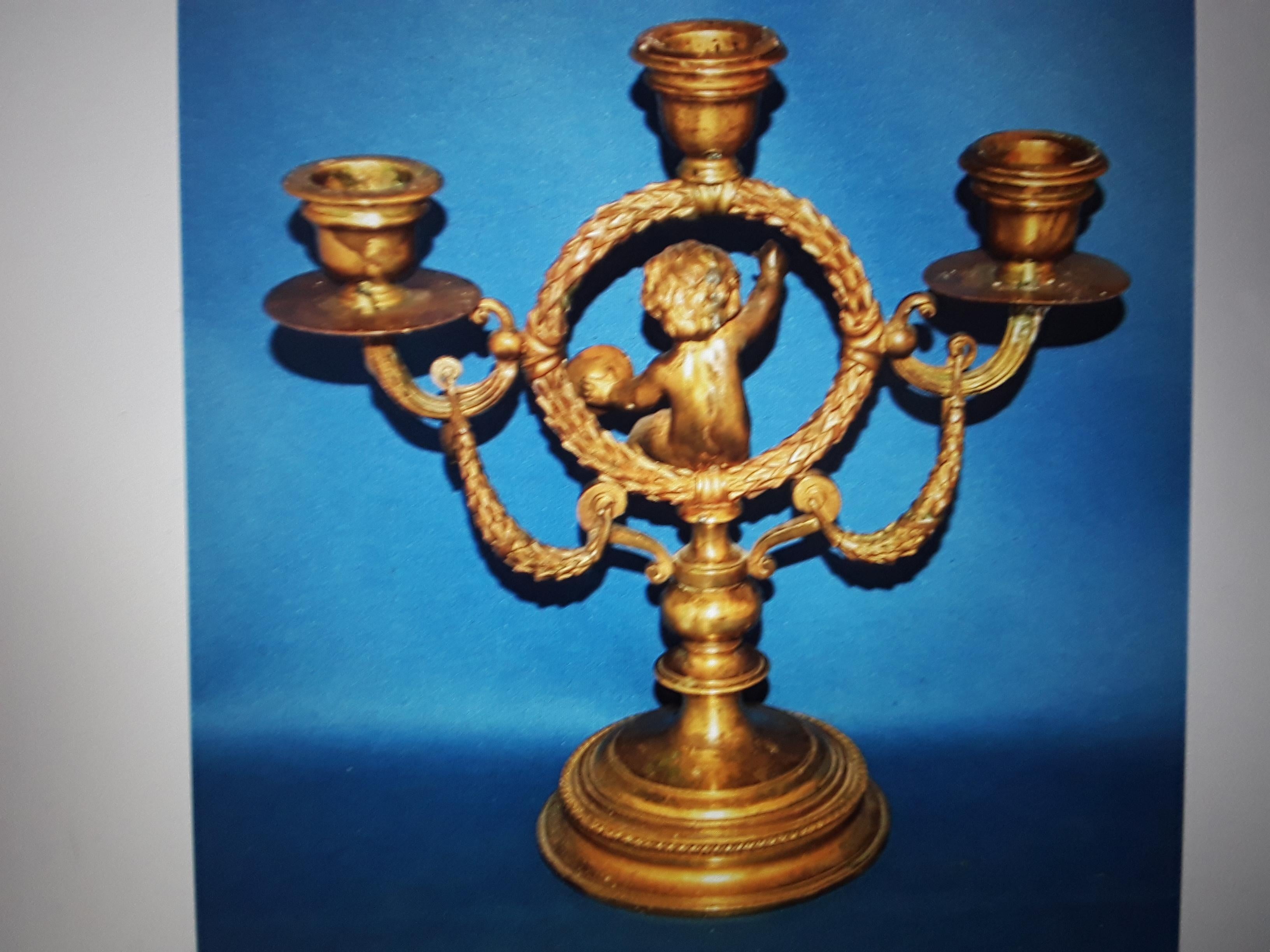 18thc French Louis XVI Gilt Bronze Musical Cherub Baby Candelabrum For Sale 5