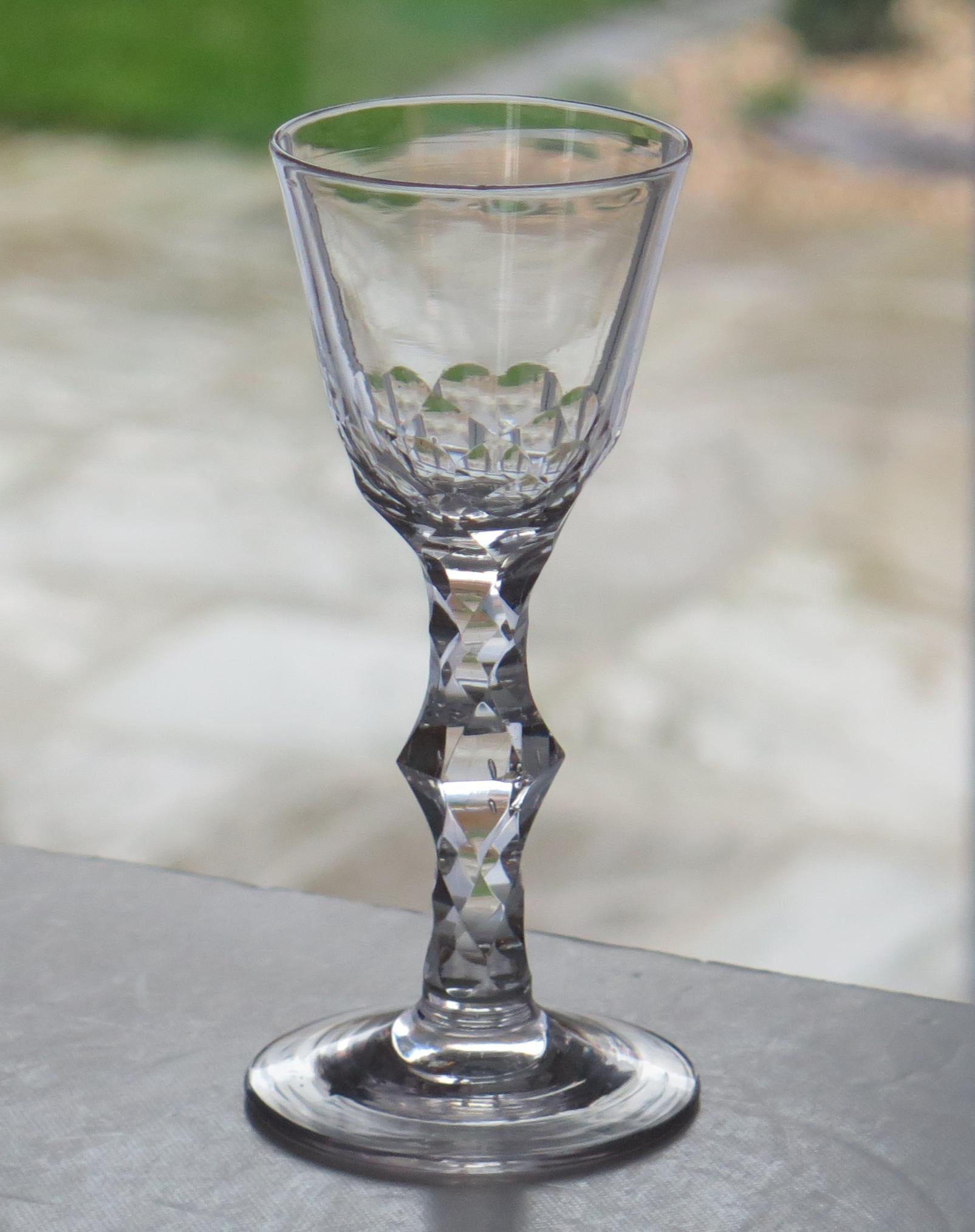 George III 18th C Georgian Wine Drinking Glass Facet Cut Stem Hand Blown, Ca 1785 For Sale