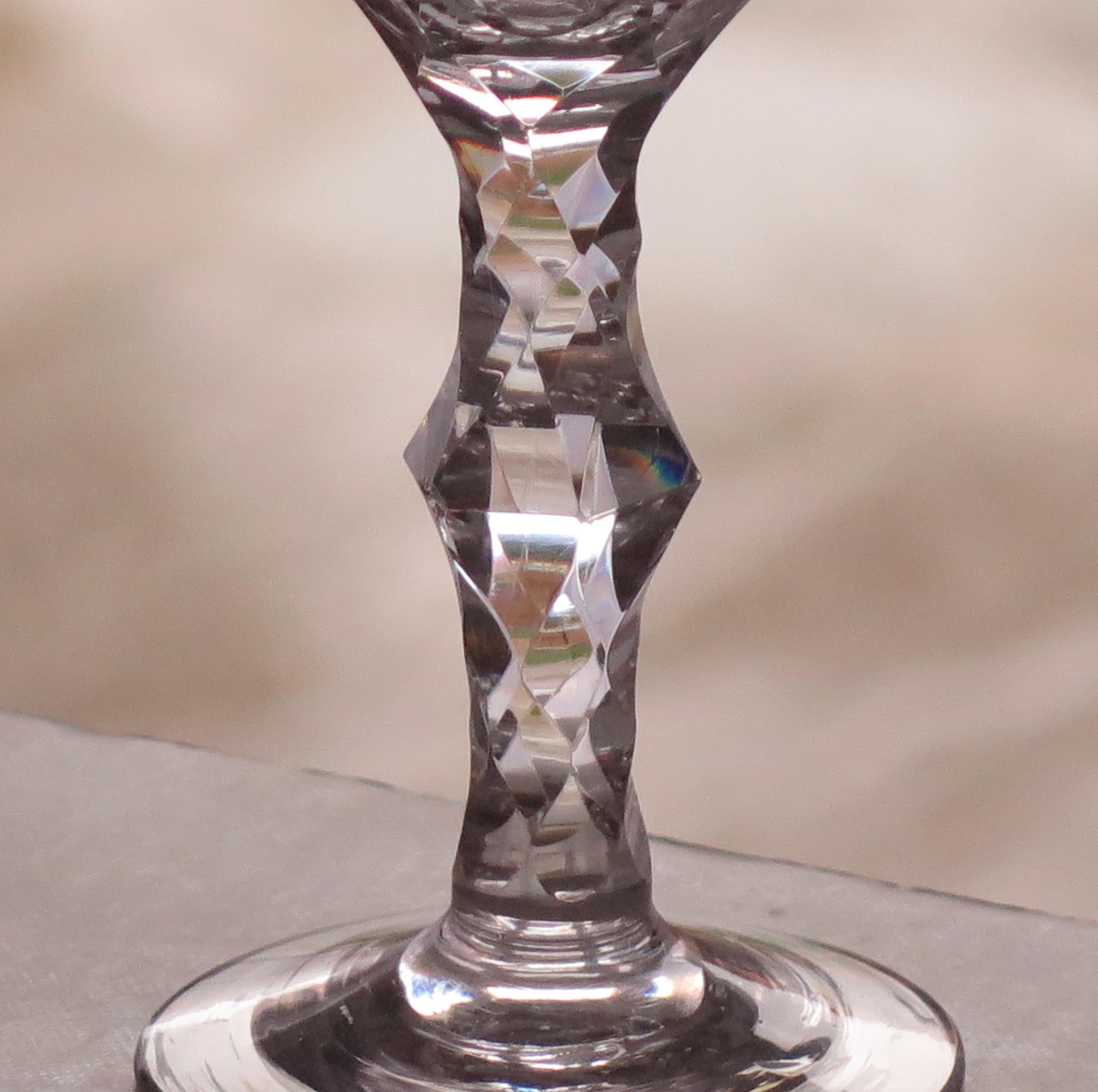 18th C Georgian Wine Drinking Glass Facet Cut Stem Hand Blown, Ca 1785 For Sale 1