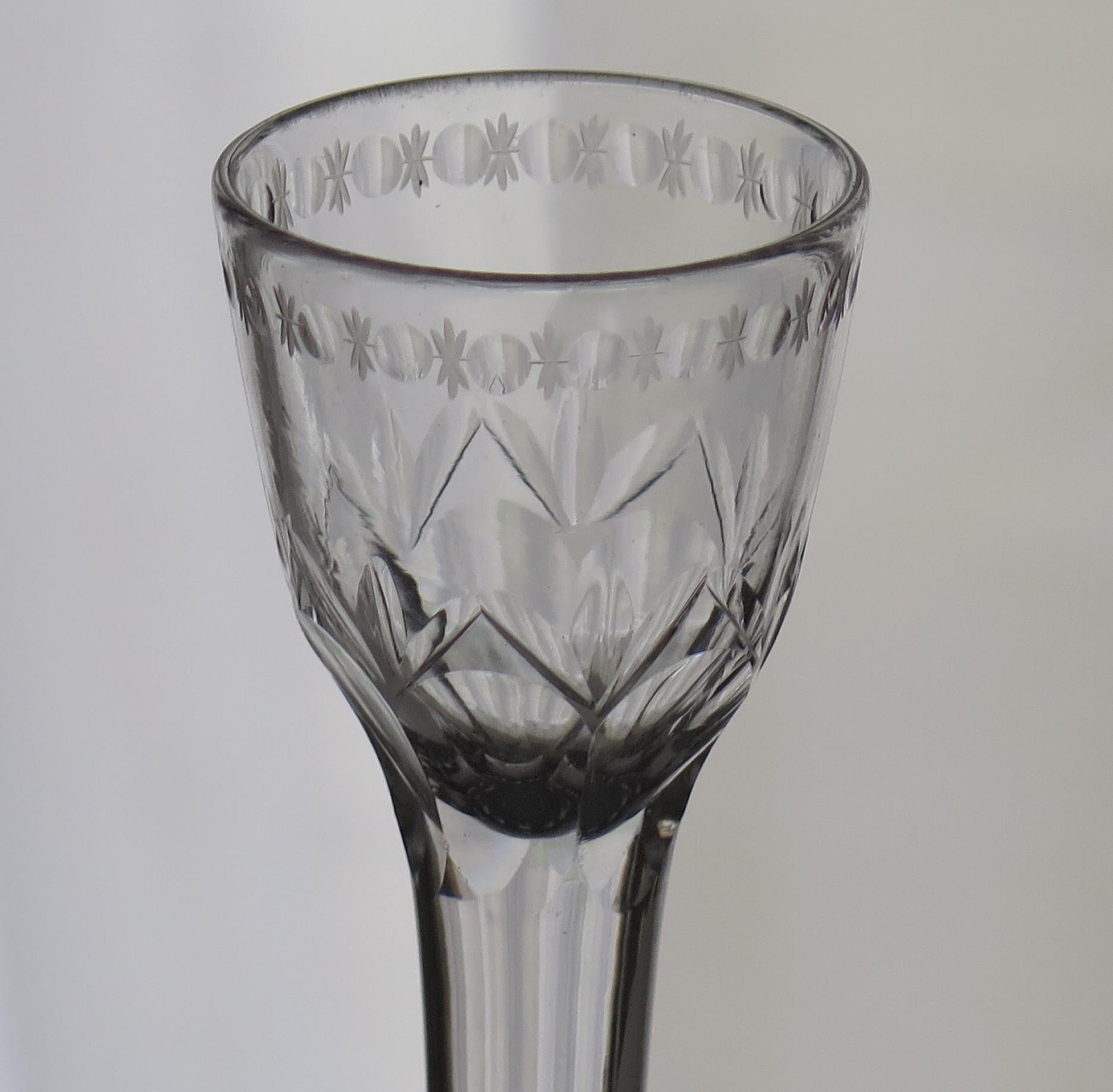 English 18thC Georgian Wine Drinking Glass OXO Engraved Bowl solid Stem, Circa 1760 For Sale