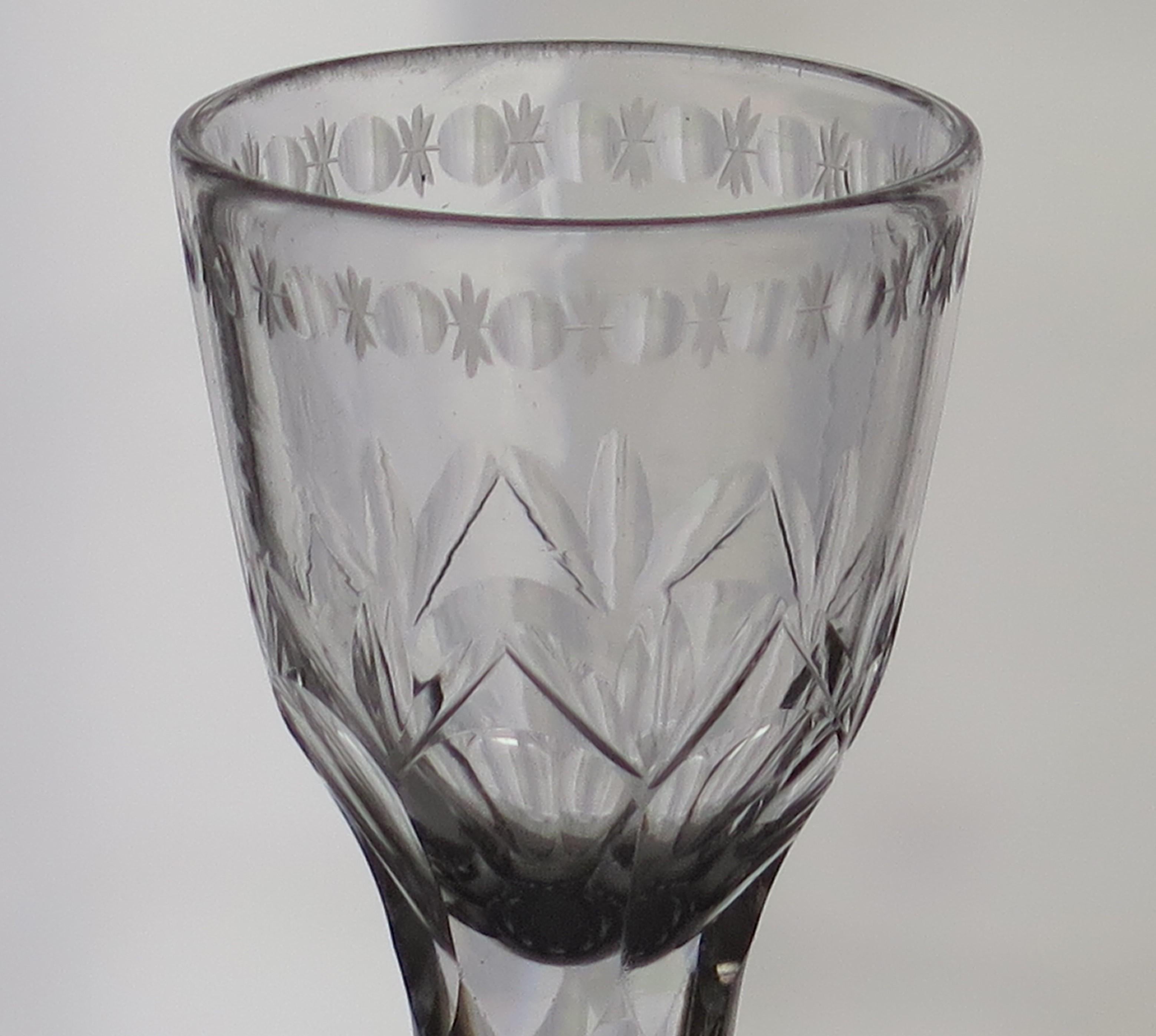 Hand-Crafted 18thC Georgian Wine Drinking Glass OXO Engraved Bowl solid Stem, Circa 1760 For Sale