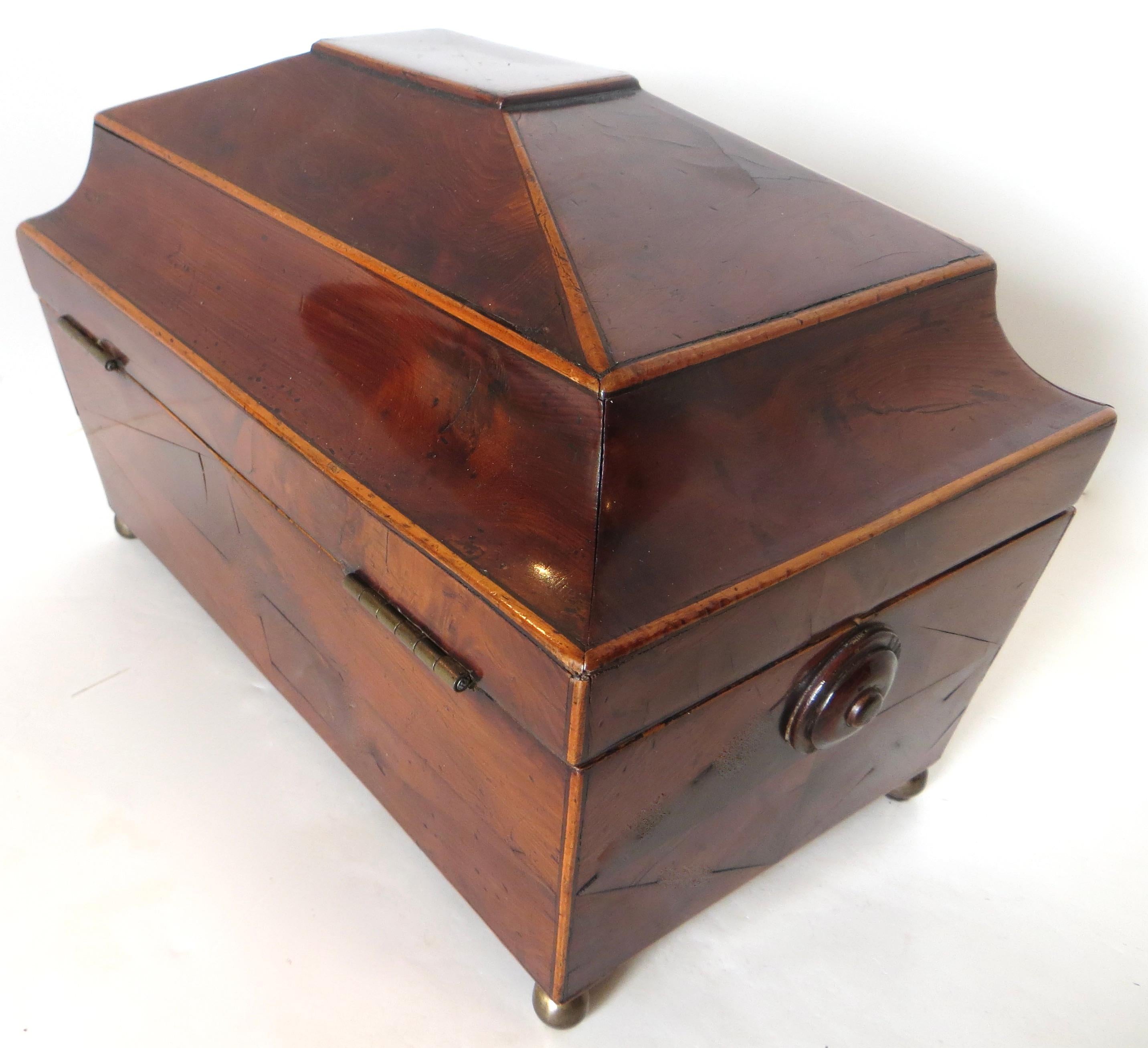 Favolosa scatola a forma di sarcofago in legno di tasso del XVIII secolo di grande qualità e di dimensioni insolite. Anche se potrebbe essere stato un porta tè, con i suoi 14 pollici di larghezza sembra sovradimensionato per questo uso e, più che