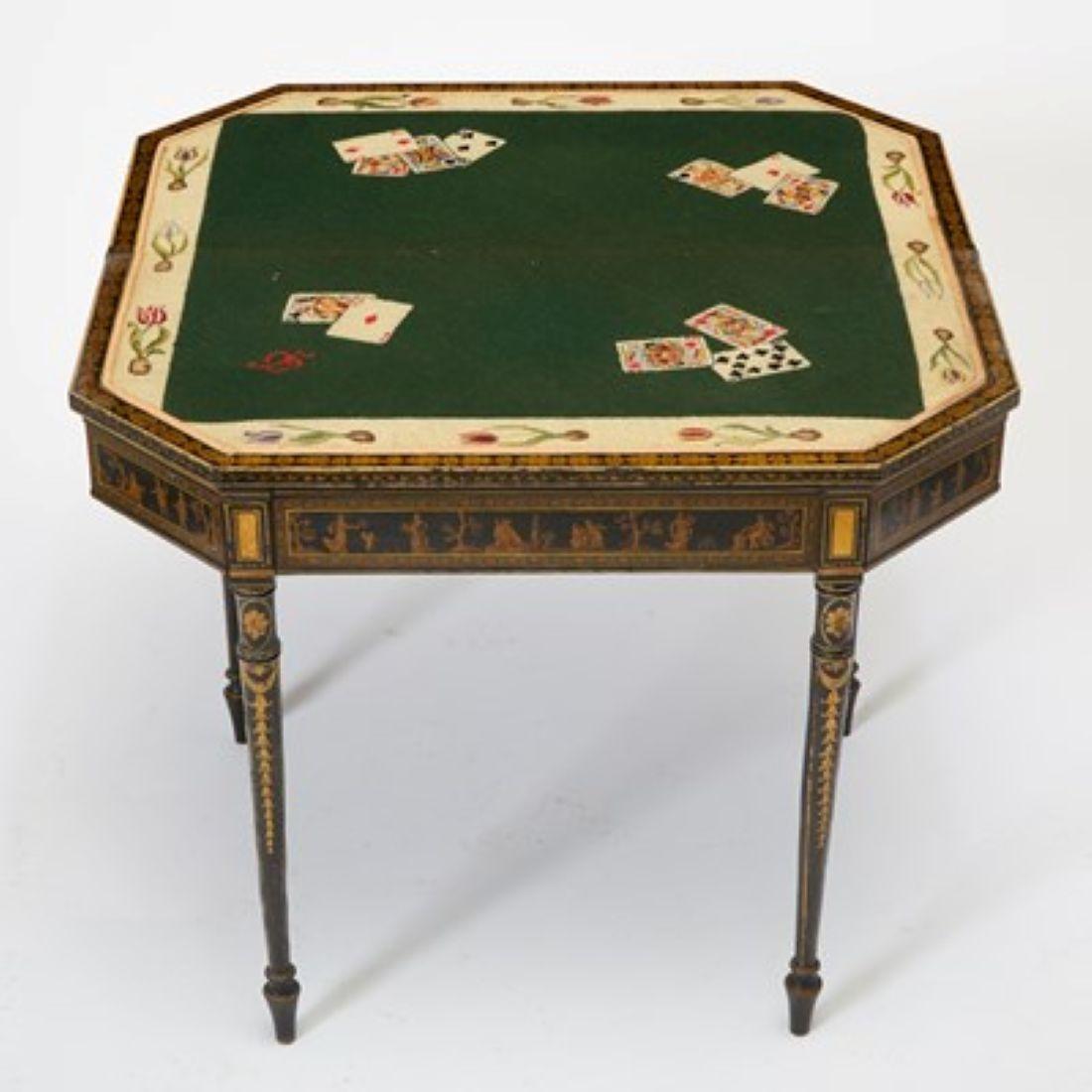British 18thC Gilt and Black Japanned Games Table with Needlepoint Lining and provenance For Sale